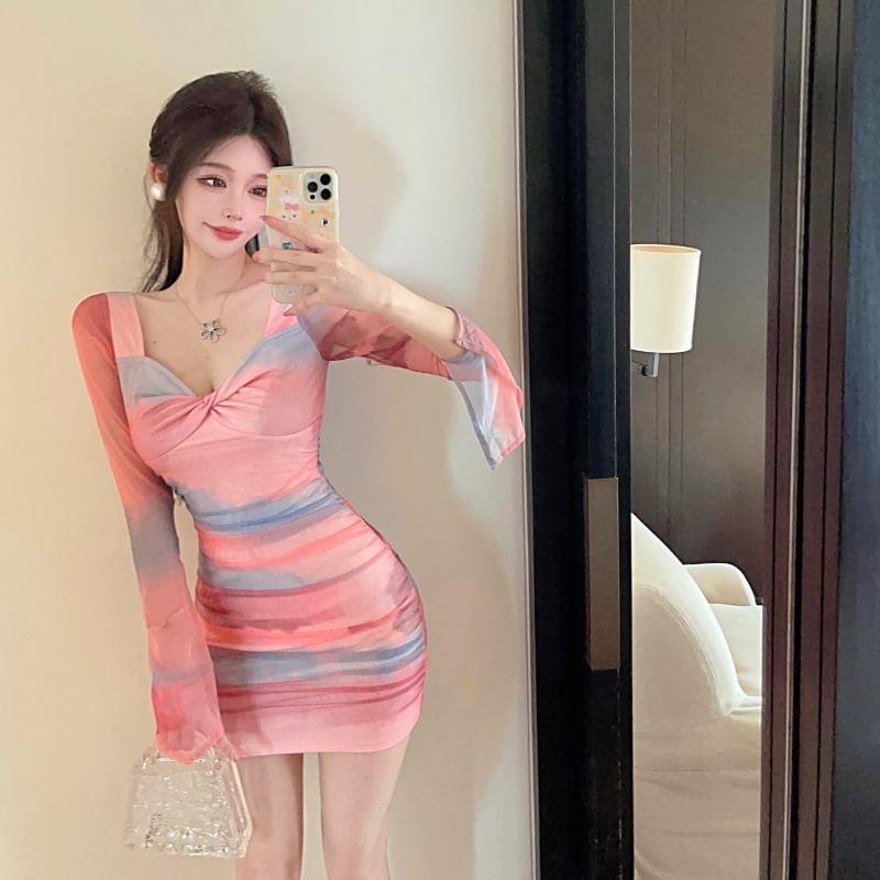 Long-Sleeve V-Neck Tie Dye Mini Bodycon Dress Product Image