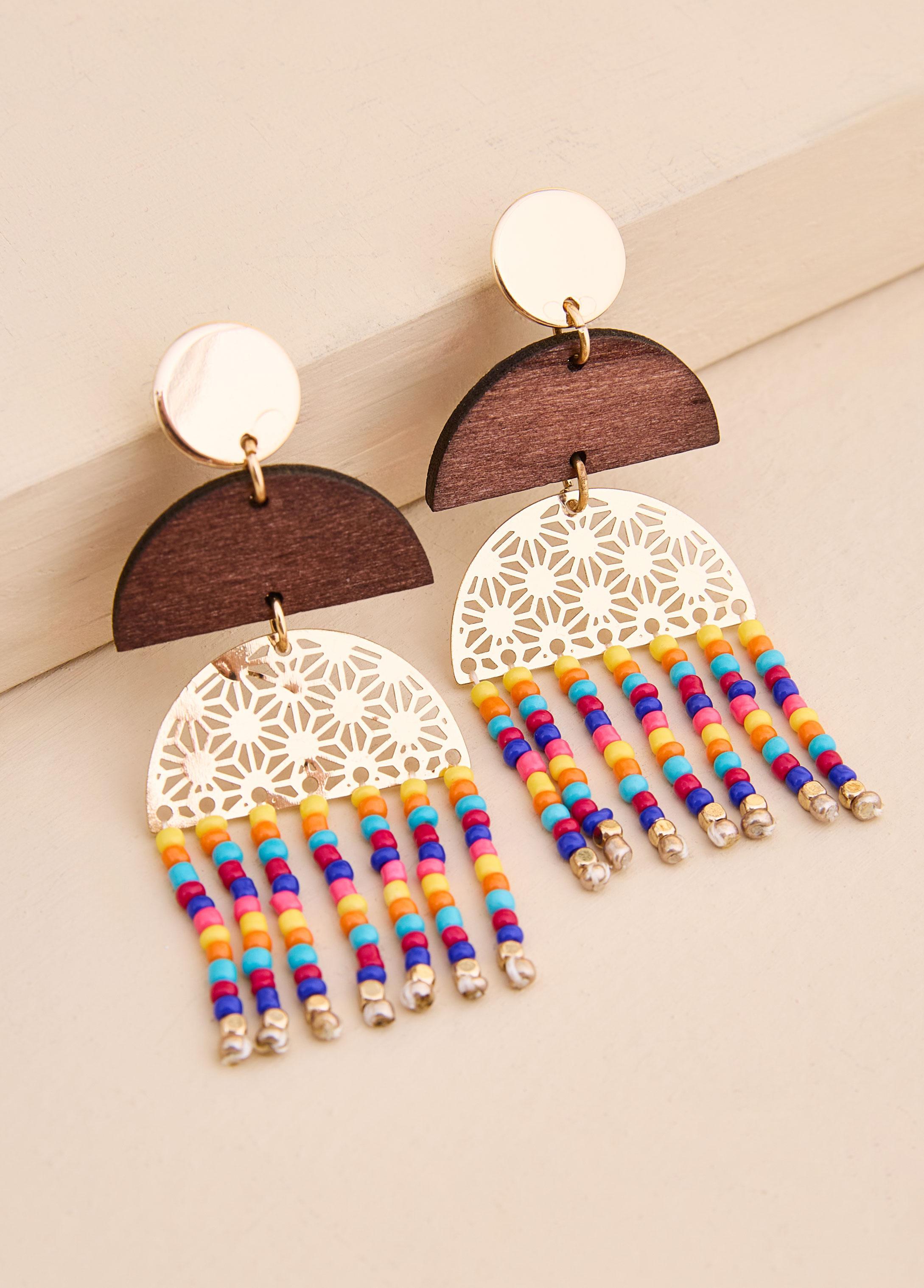 Beaded Wood And Metal Earrings Product Image