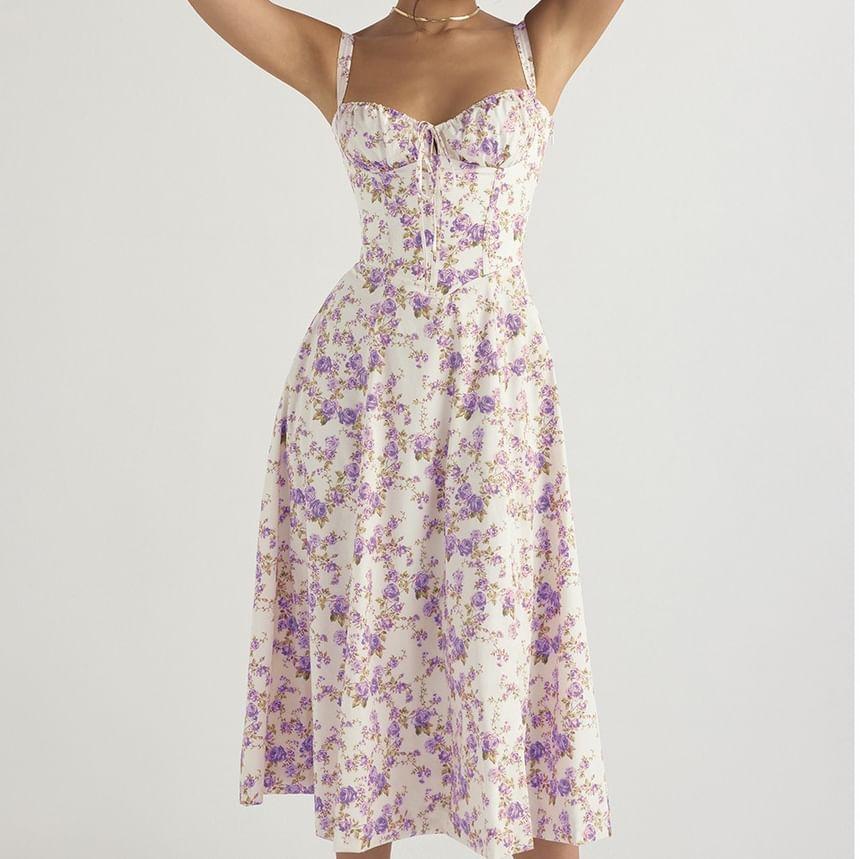 Spaghetti Strap V-Neck Floral  Midi A-Line Dress Product Image