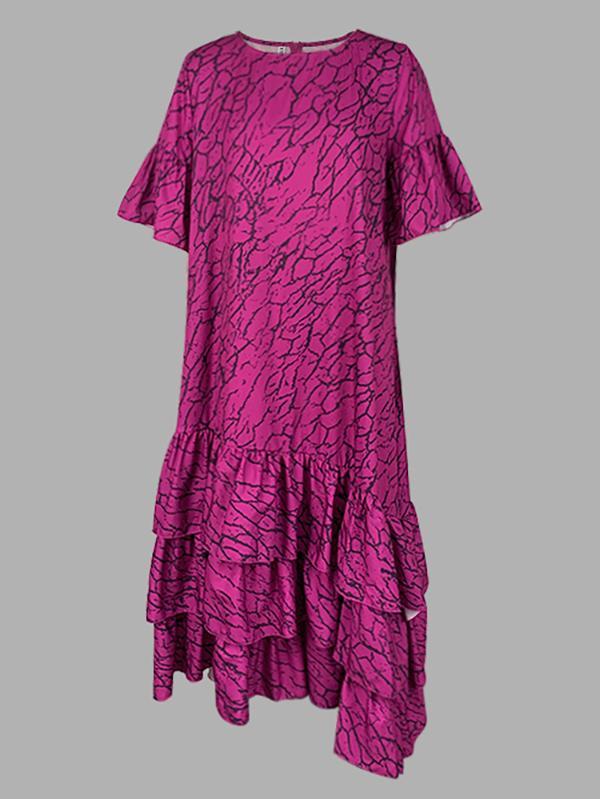 Flared Sleeves Half Sleeves Asymmetric Layered Pleated Printed Ruffle Trim Round-Neck Maxi Dresses Product Image