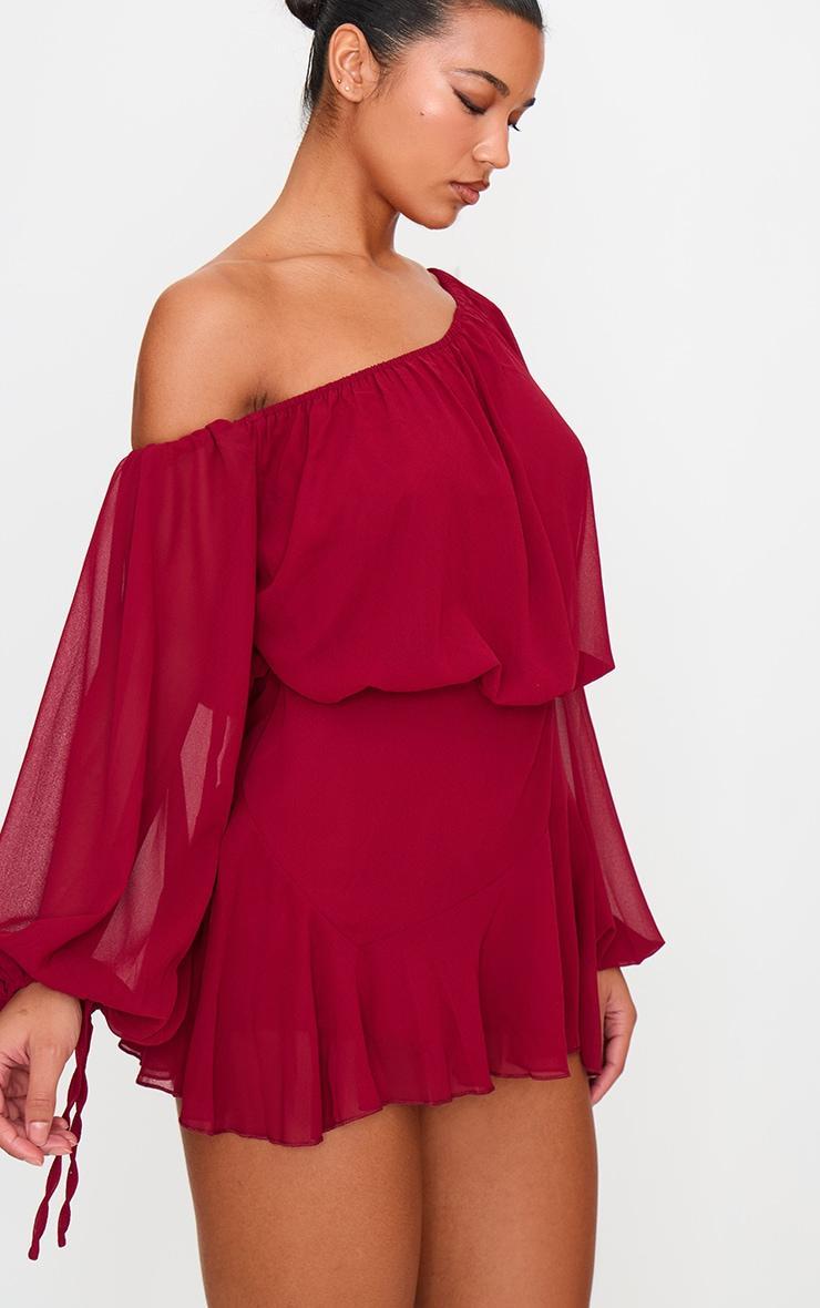 Burgundy Chiffon One Shoulder Floaty Skort Romper Product Image