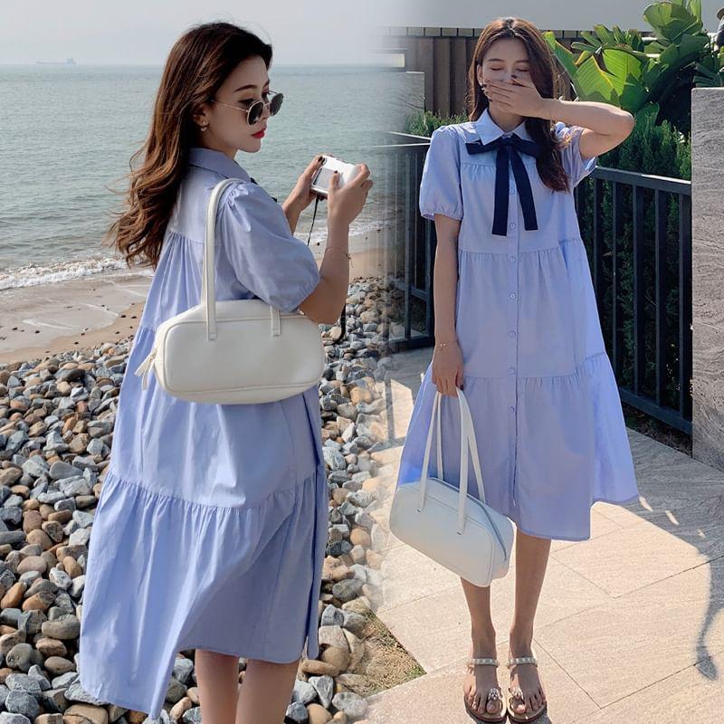 Maternity Short-Sleeve Collared Bow Tie A-Line Shirt Dress Product Image