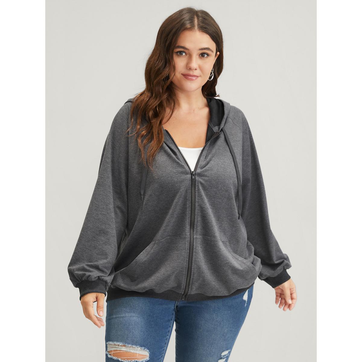 Plus Size Solid Pocket Drawstring Zipper Hooded Sweatshirt Women DimGray Casual Zipper Loose Hooded Dailywear Sweatshirts BloomChic 10/M Product Image