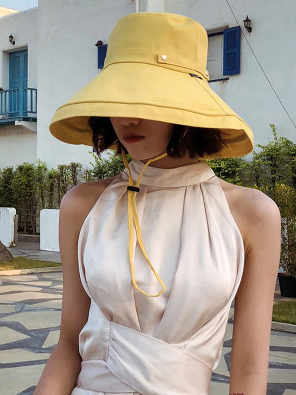 Casual Solid Sun-Protection Large Wide Brim Bucket Hat Product Image