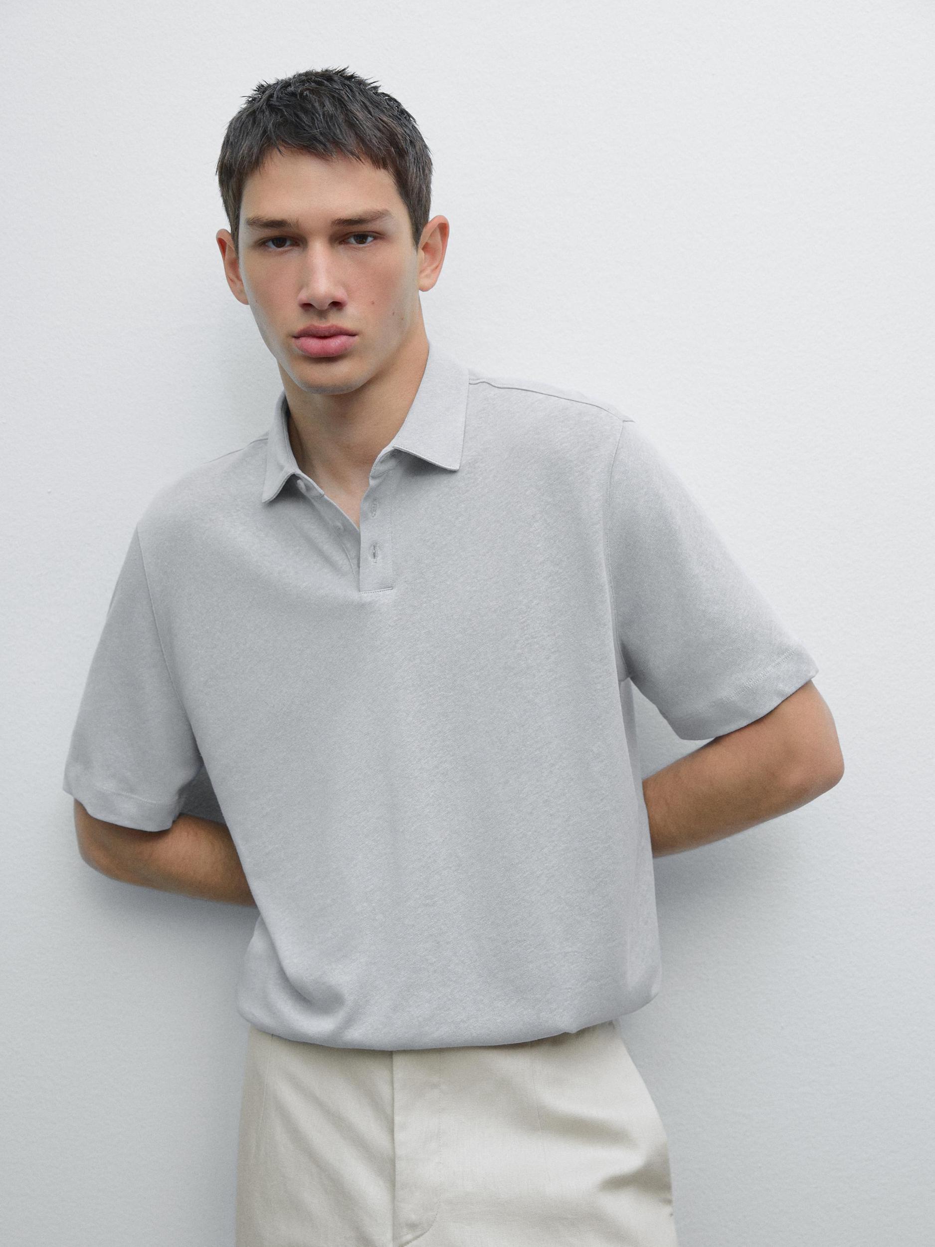 Short sleeve linen blend polo shirt Product Image