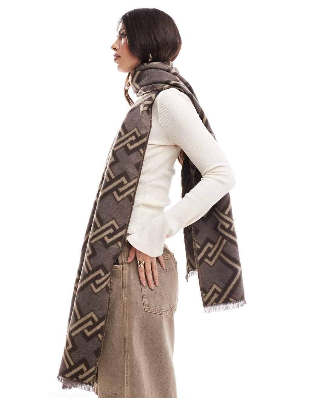 ASOS DESIGN scarf with monogram jacquard in neutral tones Product Image