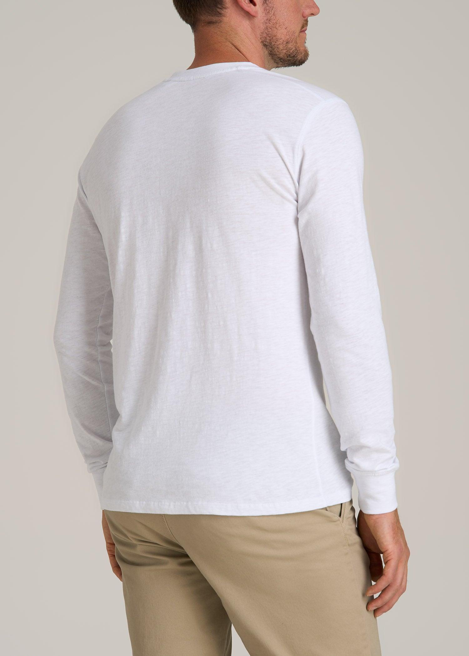 Three-Button Long Sleeve Slub Henley for Tall Men in White Male Product Image