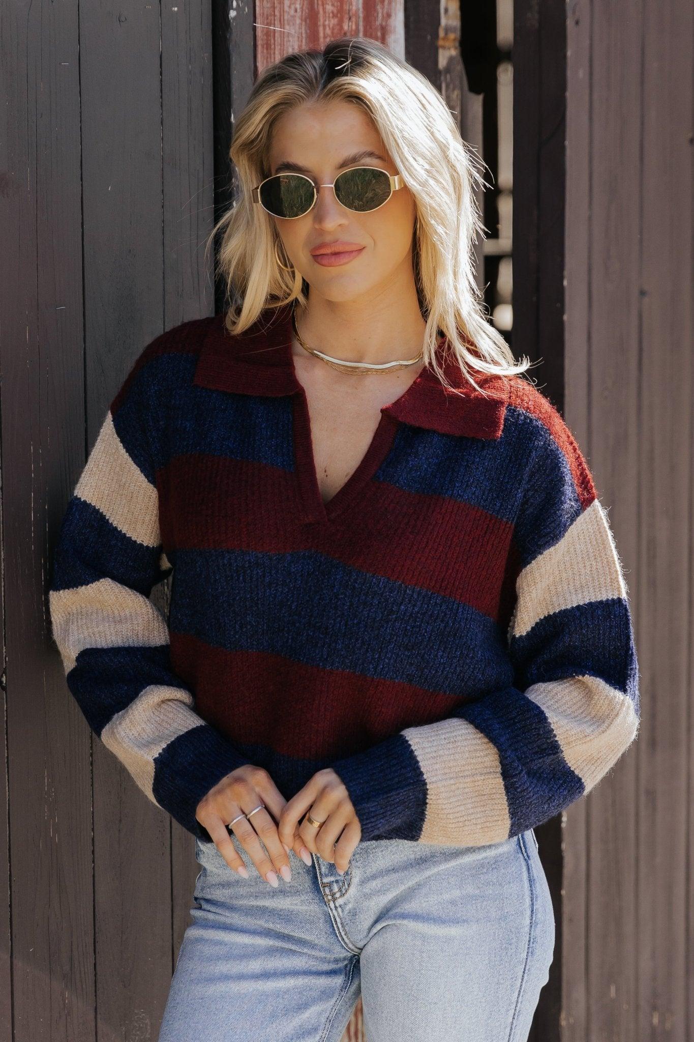 Burgundy Multi Striped Pullover Sweater Product Image