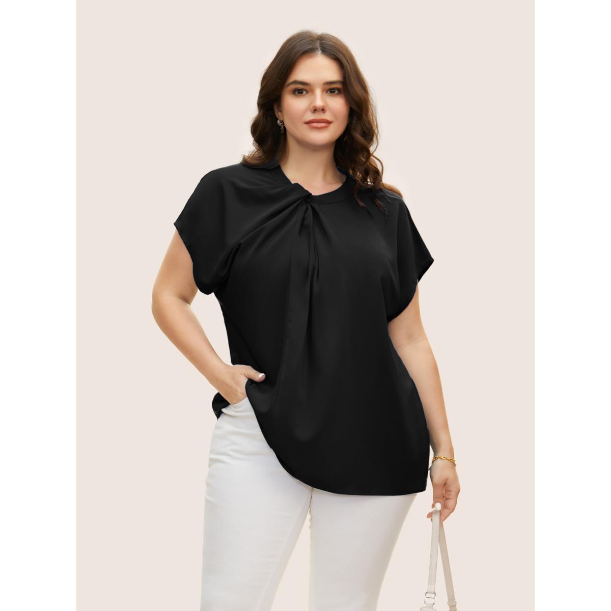 Plus Size Mediumblue Twist Front Pleated Dolman Sleeve Blouse Women At the Office Short sleeve Mock Neck Work Blouses BloomChic 26/4X Product Image