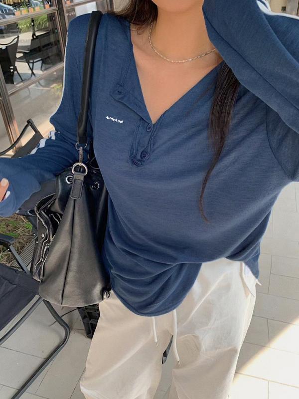 Blue Stripe Print Button Up Oversized Long Sleeve Tee Product Image