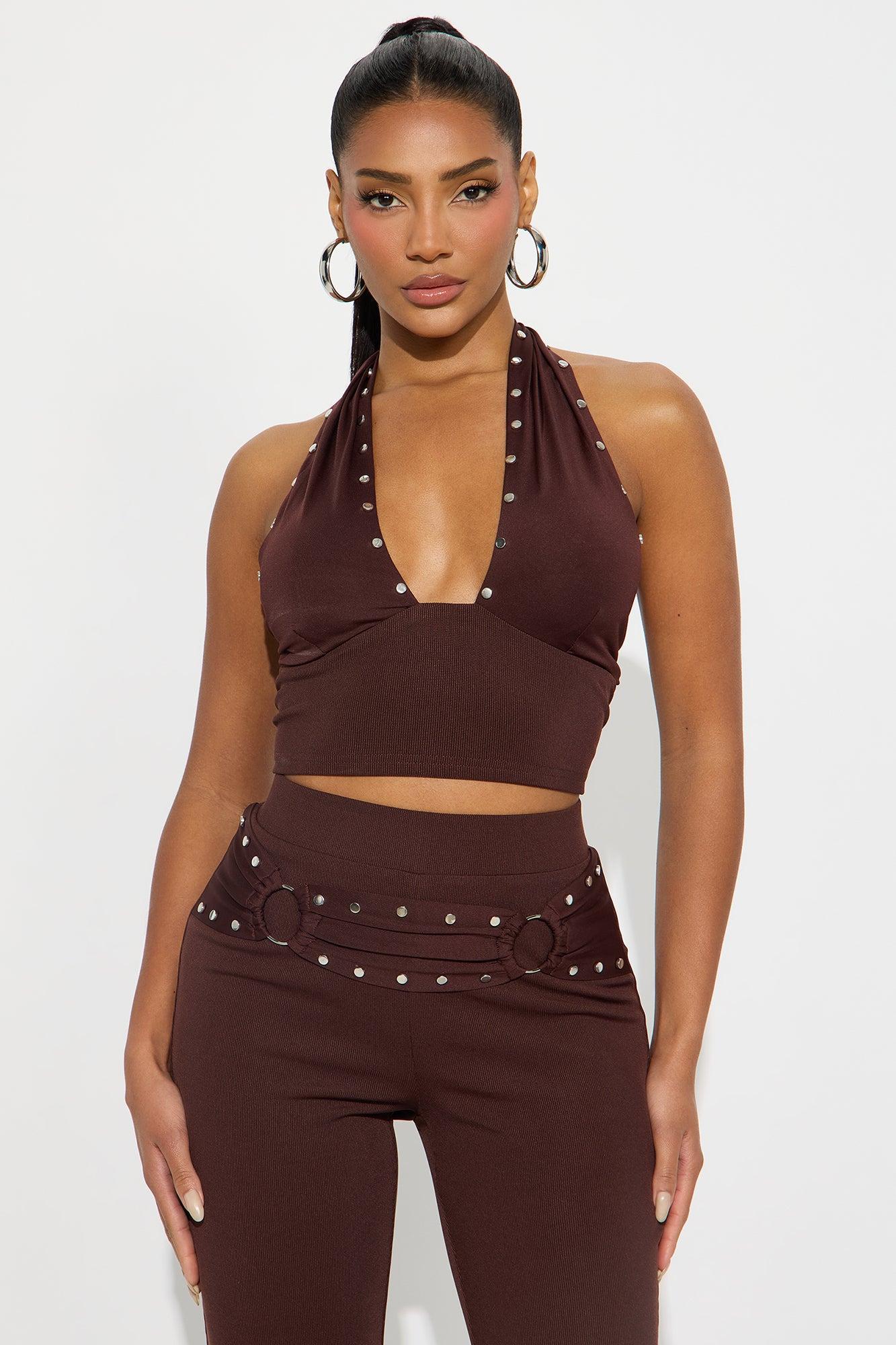 Studded Behavior Ribbed Pant Set - Brown Female Product Image