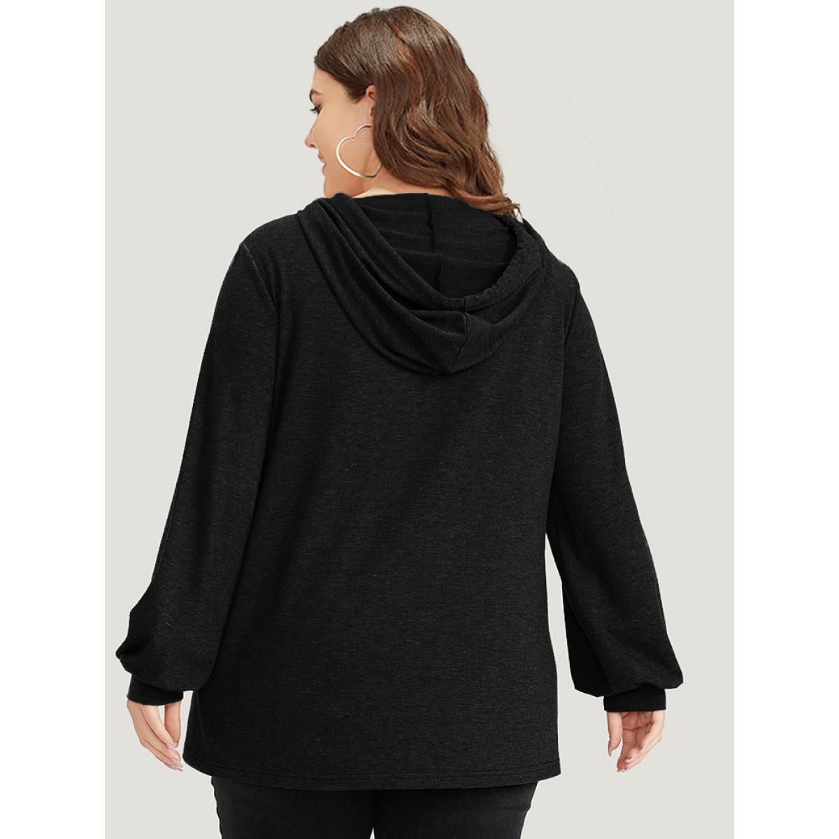 Plus Size Plain Drawstring Button Up Hooded Elastic Cuffs Sweatshirt Women Black Casual Elastic cuffs Hooded Dailywear Sweatshirts BloomChic 12/L Product Image