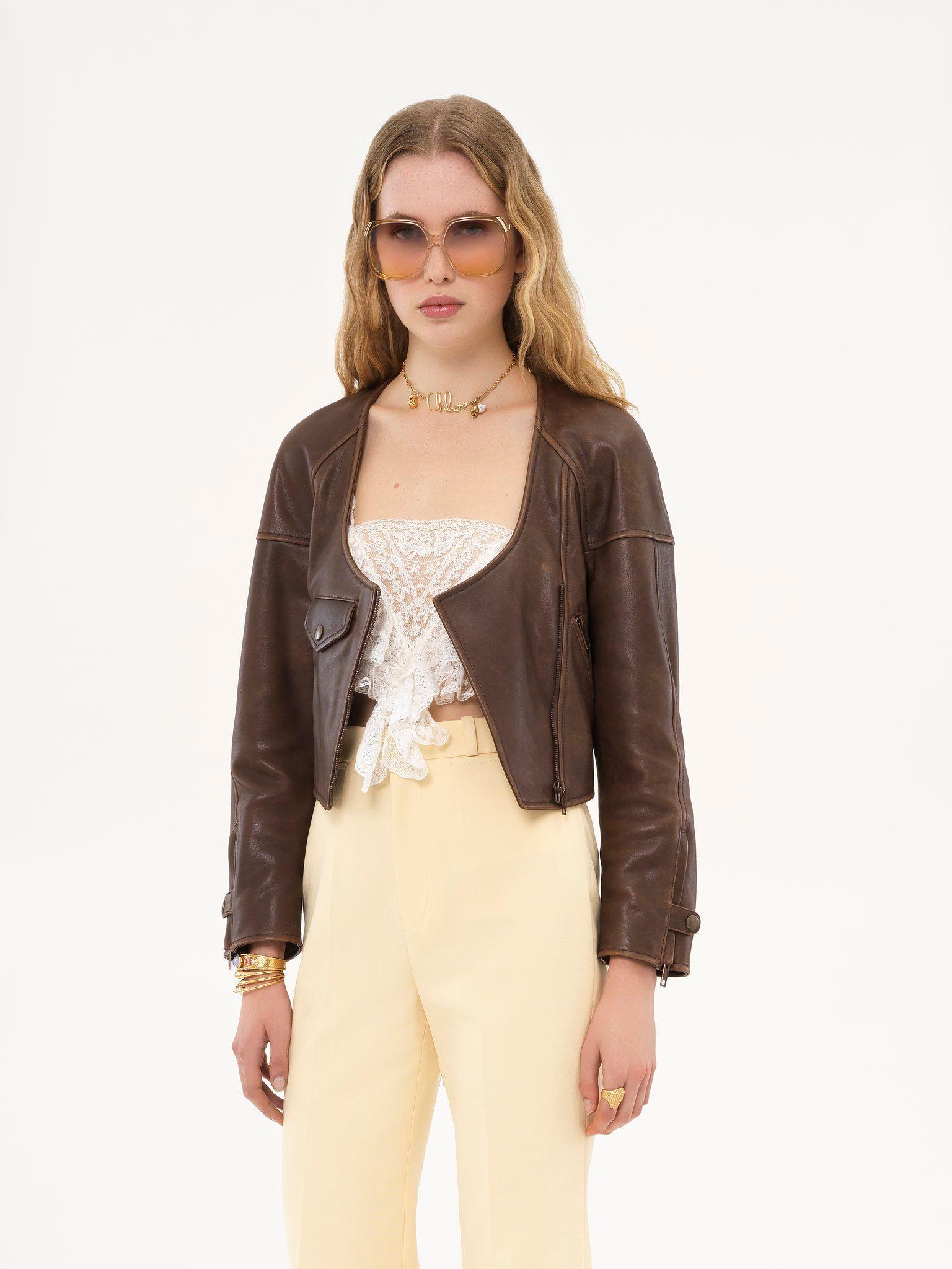 Cropped scoop-neck jacket in leather Product Image