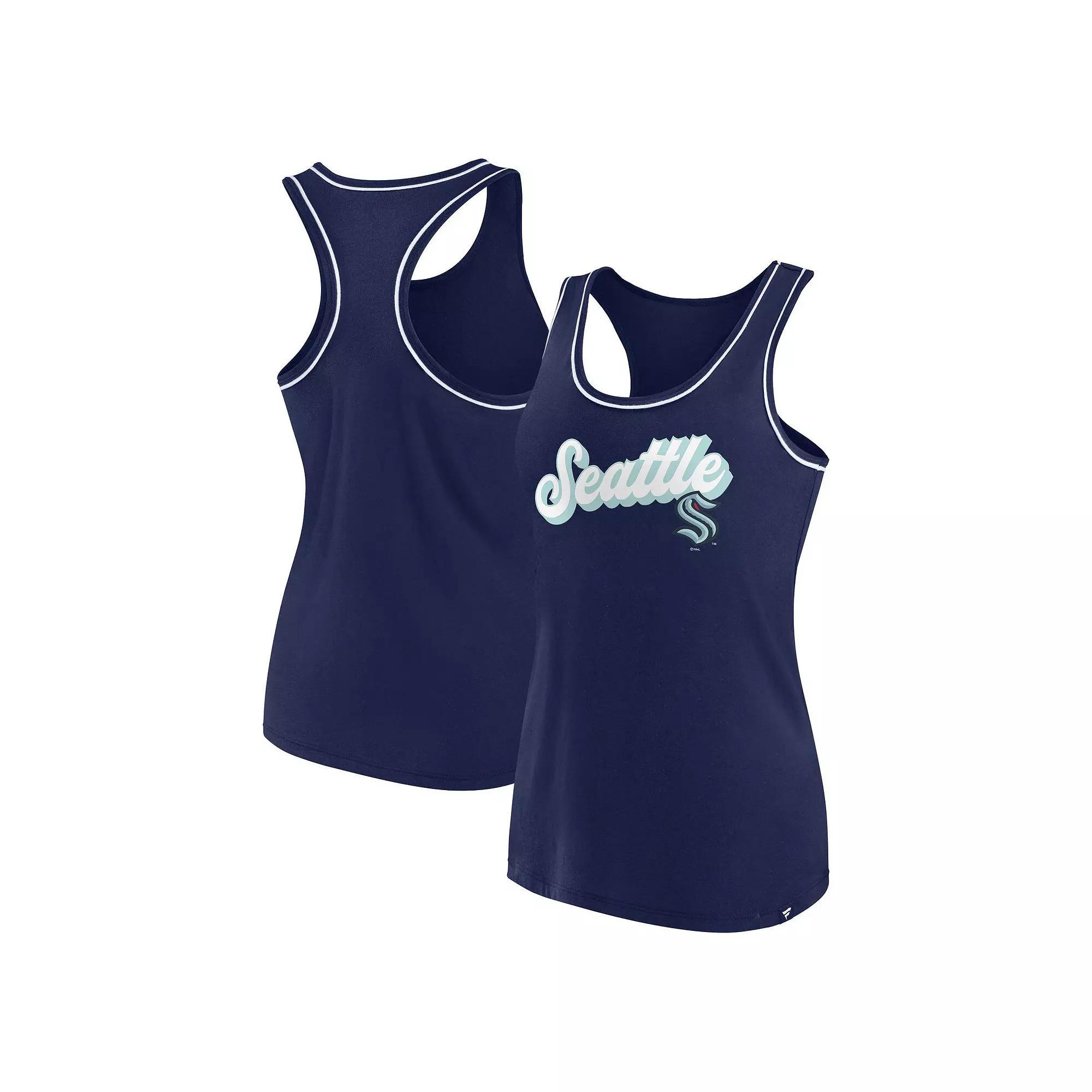 Women's Fanatics Branded Deep Sea Blue Seattle Kraken Wordmark Logo Racerback Scoop Neck Tank Top,  Product Image