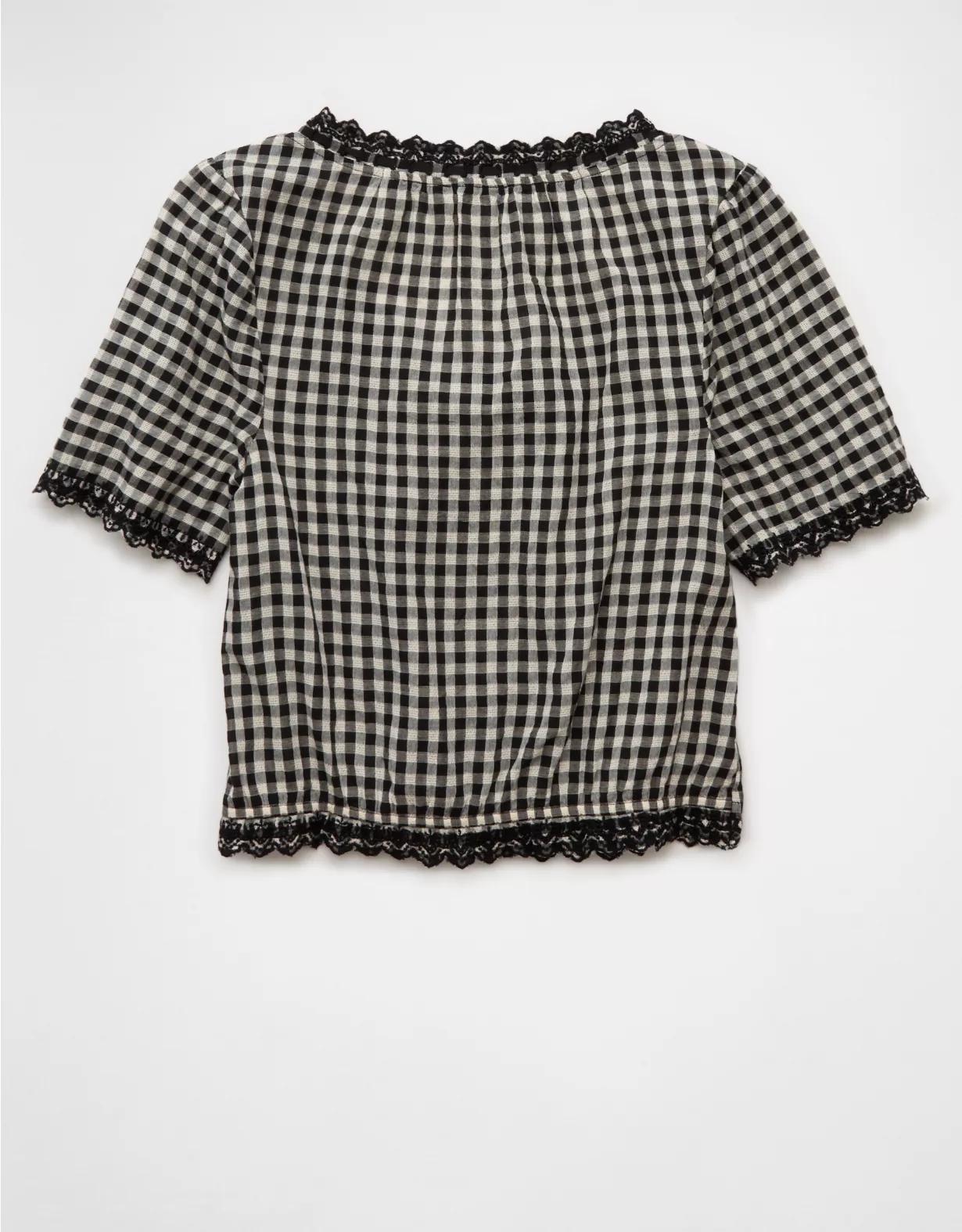 AE Short-Sleeve Gingham Button-Up Blouse Product Image