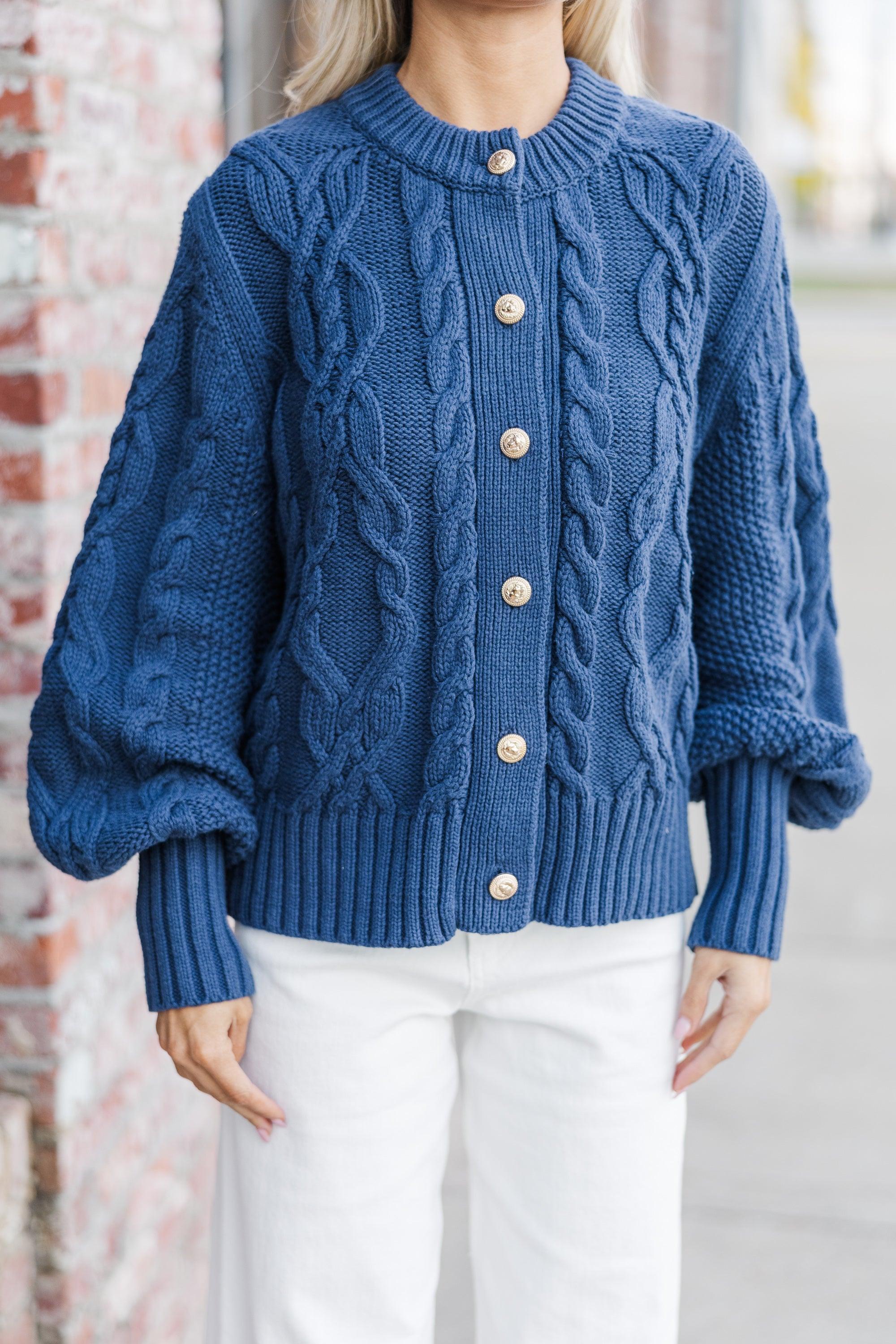 All The Good Navy Blue Cable Knit Cardigan Female Product Image