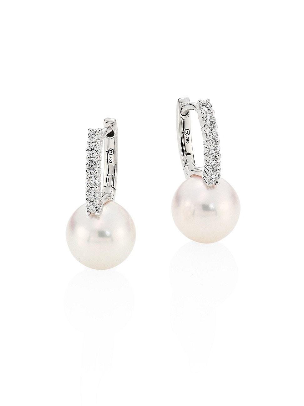 Womens Classic 8MM White Cultured Akoya Pearl, Diamond & 18K White Gold Drop Earrings Product Image