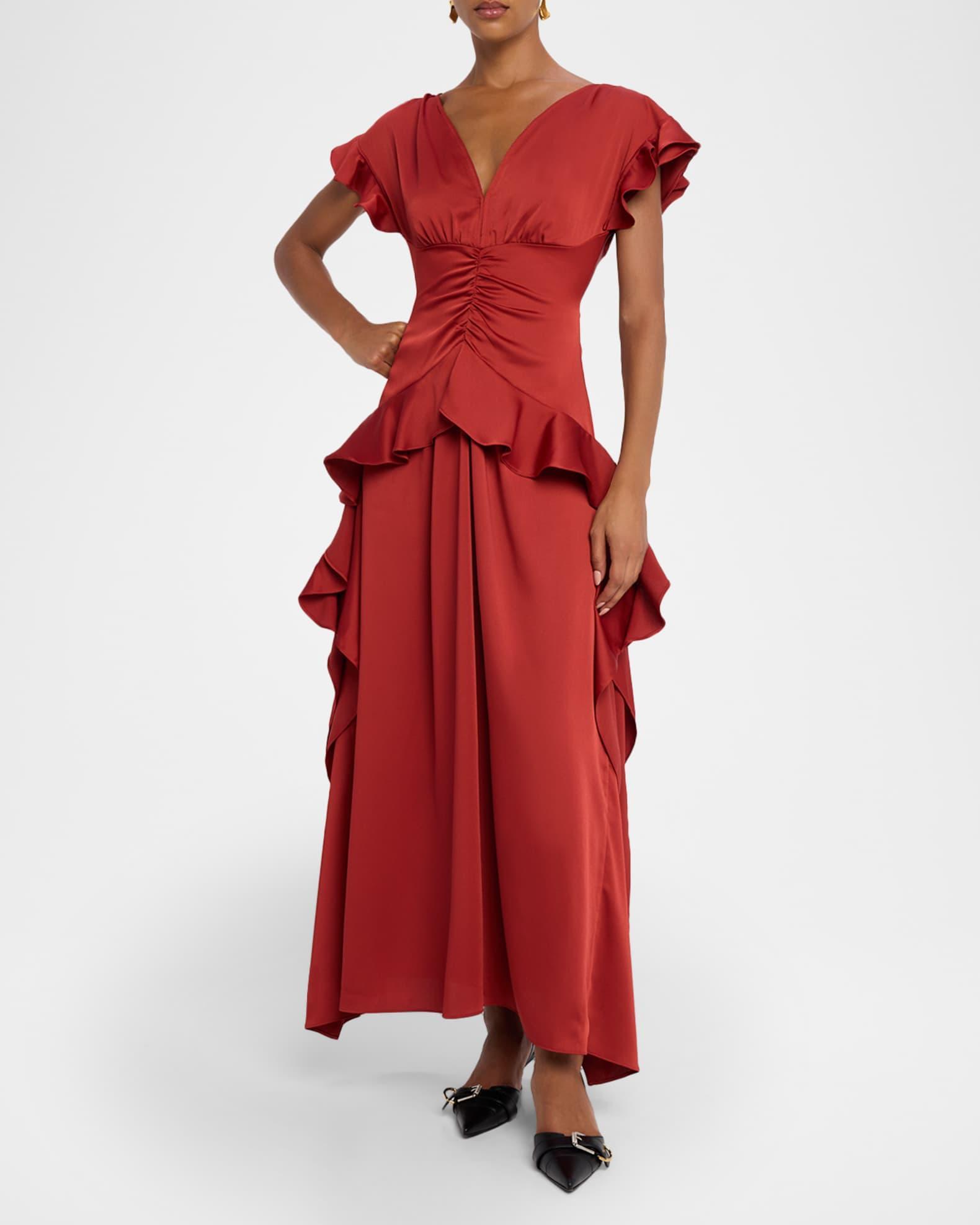 Danielle Draped Ruffle Satin Dress  Product Image