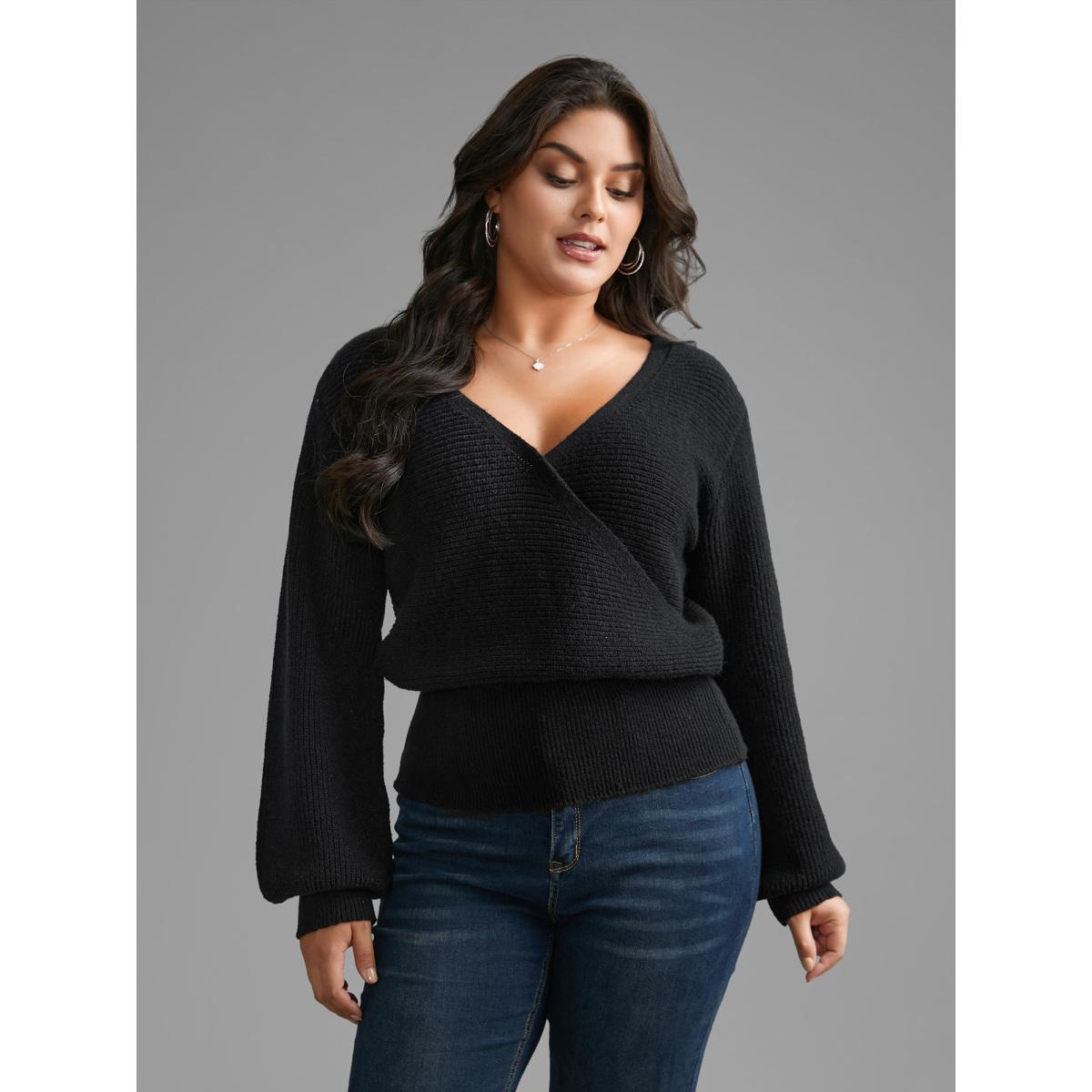 Plus Size Overlap Collar Textured Lantern Sleeve Pullover Black Women Casual Loose Long Sleeve Overlap Collar Everyday Pullovers BloomChic 10/M Product Image