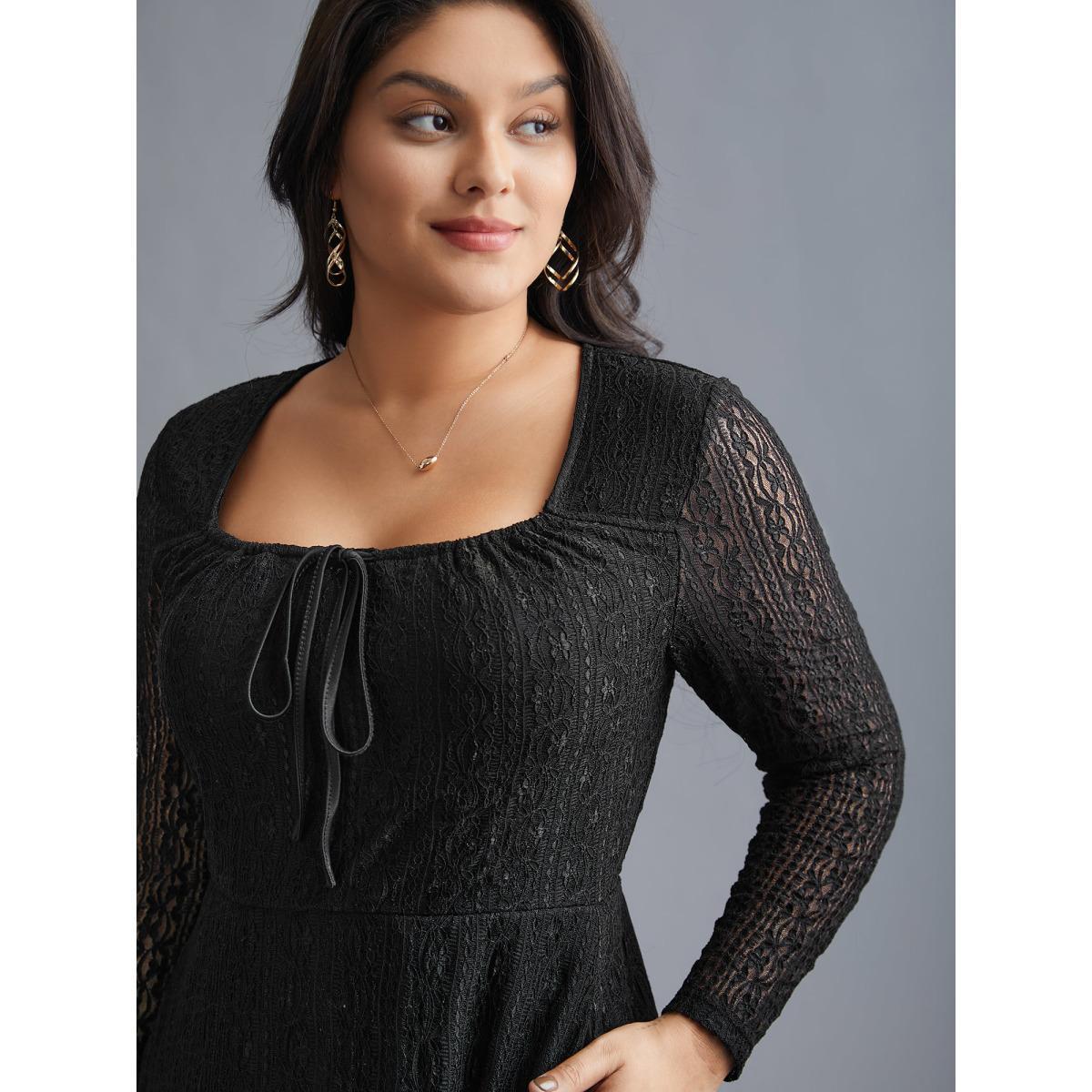 Plus Size Lace Panel Square Neck Tie Knot Dress Black Women Elegant Tie knot Square Neck Long Sleeve Curvy BloomChic 12/L Product Image
