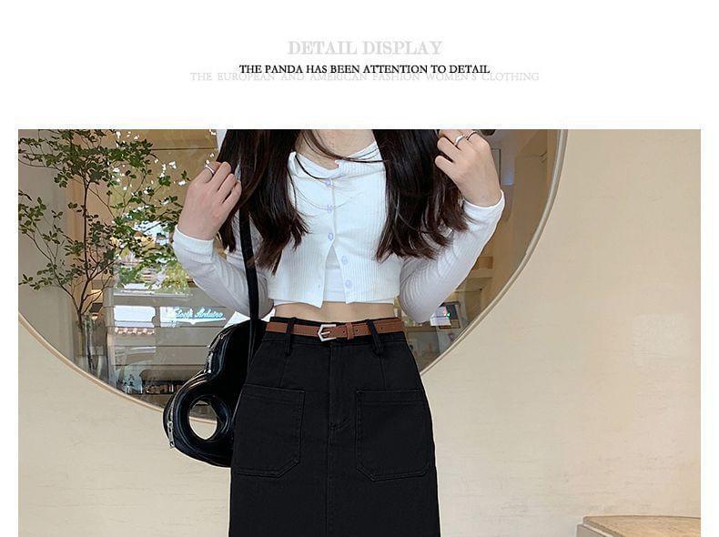 High Rise Plain Front-Slit Denim Midi Pencil Skirt Product Image