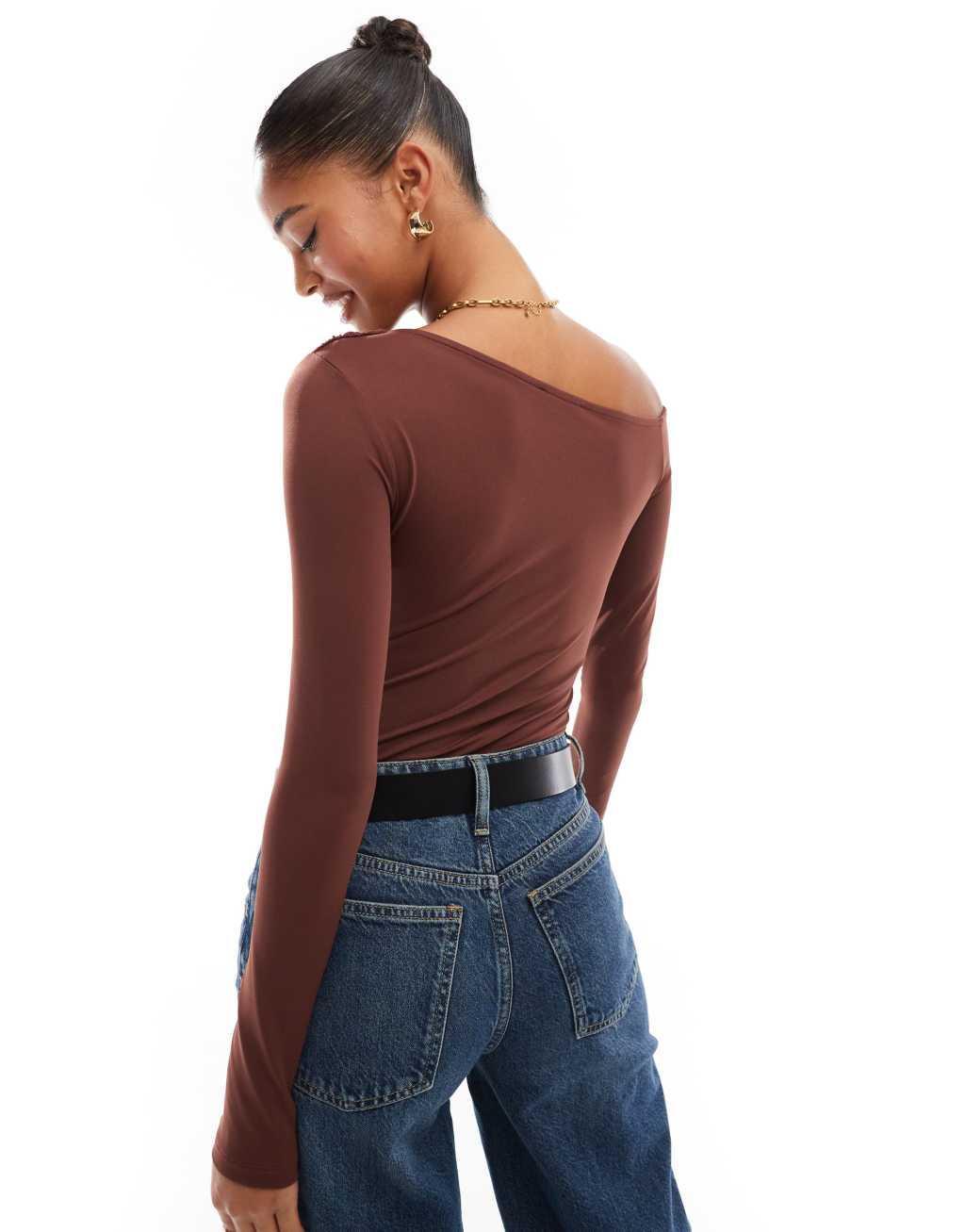 ASOS DESIGN off shoulder long sleeve bodysuit in chocolate brown Product Image