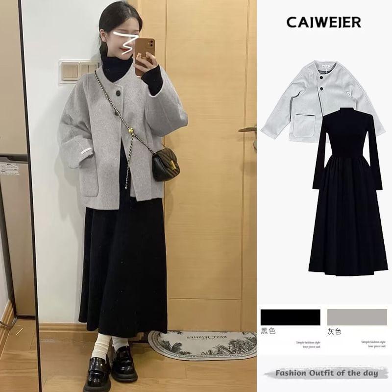 Maternity U-Neck Button-Up Plain Jacket / Long-Sleeve Mock Neck Maxi A-Line Dress Product Image