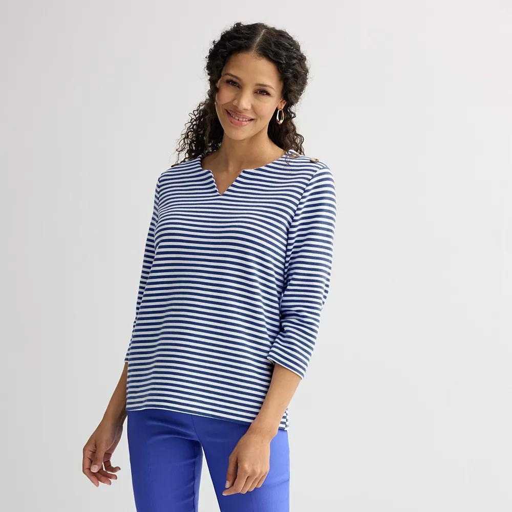 Women's Croft & Barrow® Button Shoulder Split Neck Top, Size: Large, Blue Stripe Product Image