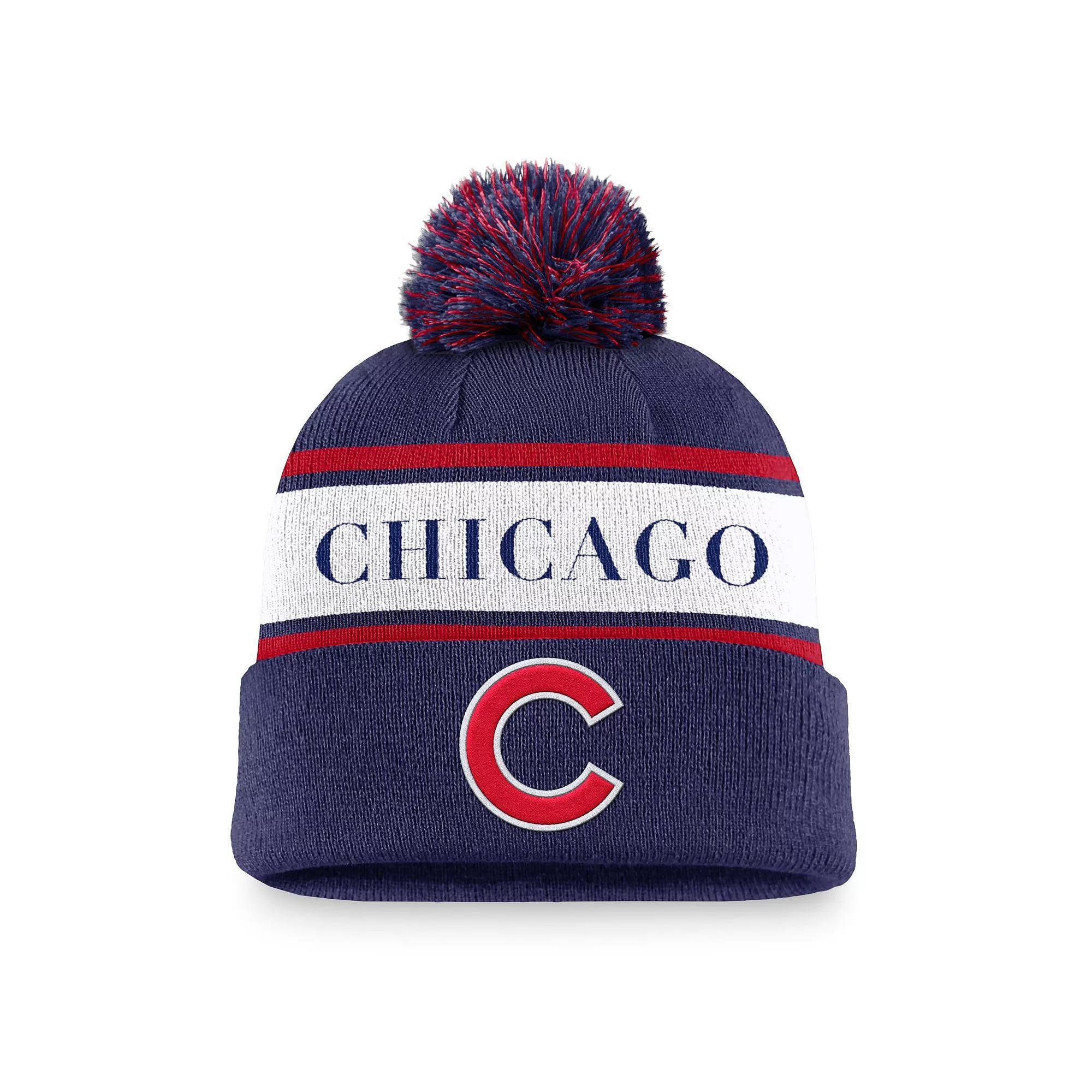 Men's Nike Royal Chicago Cubs Team Stripe Peak Cuffed Knit Hat with Pom, Blue Product Image