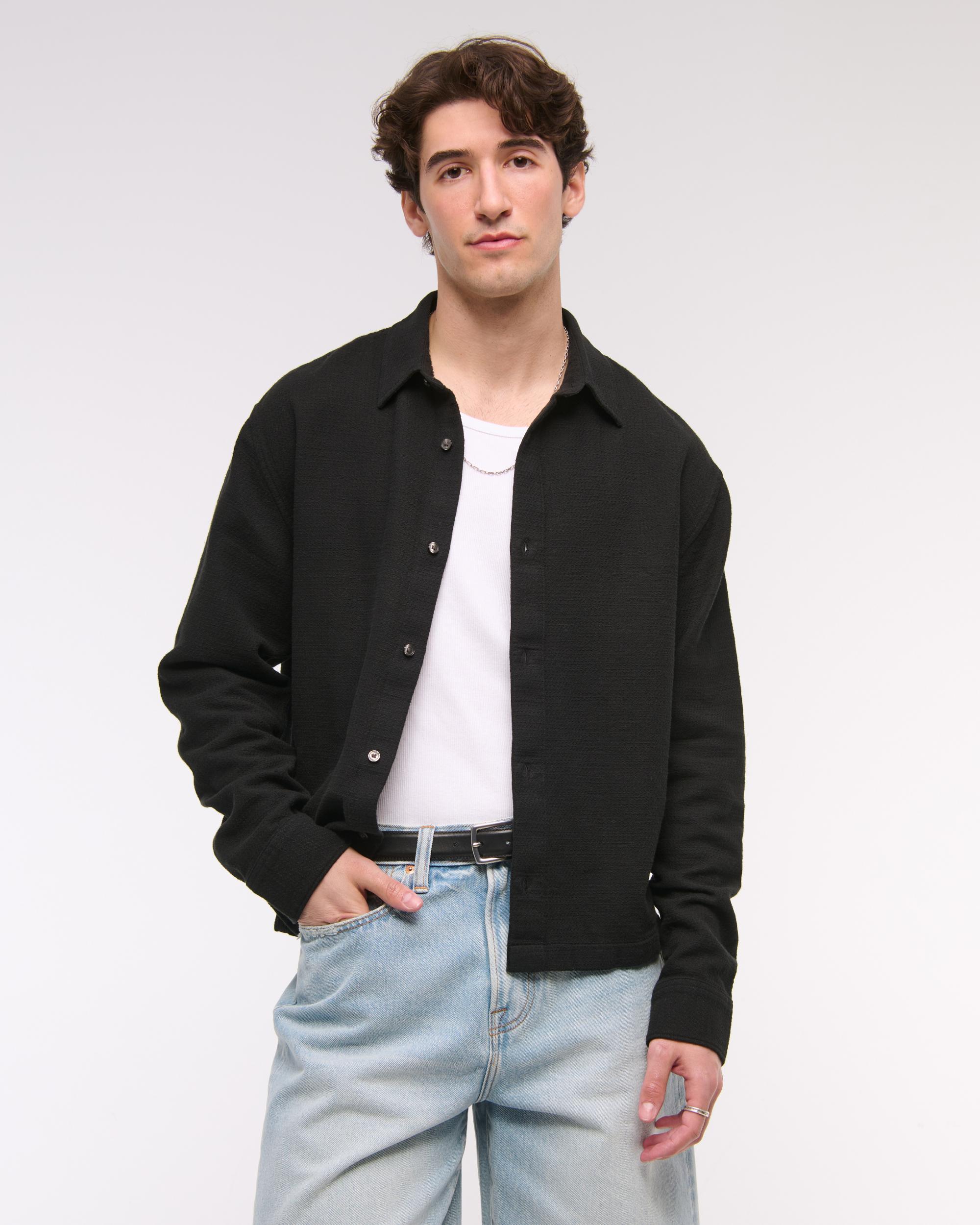 Cropped Slub Button-Up Shirt Product Image