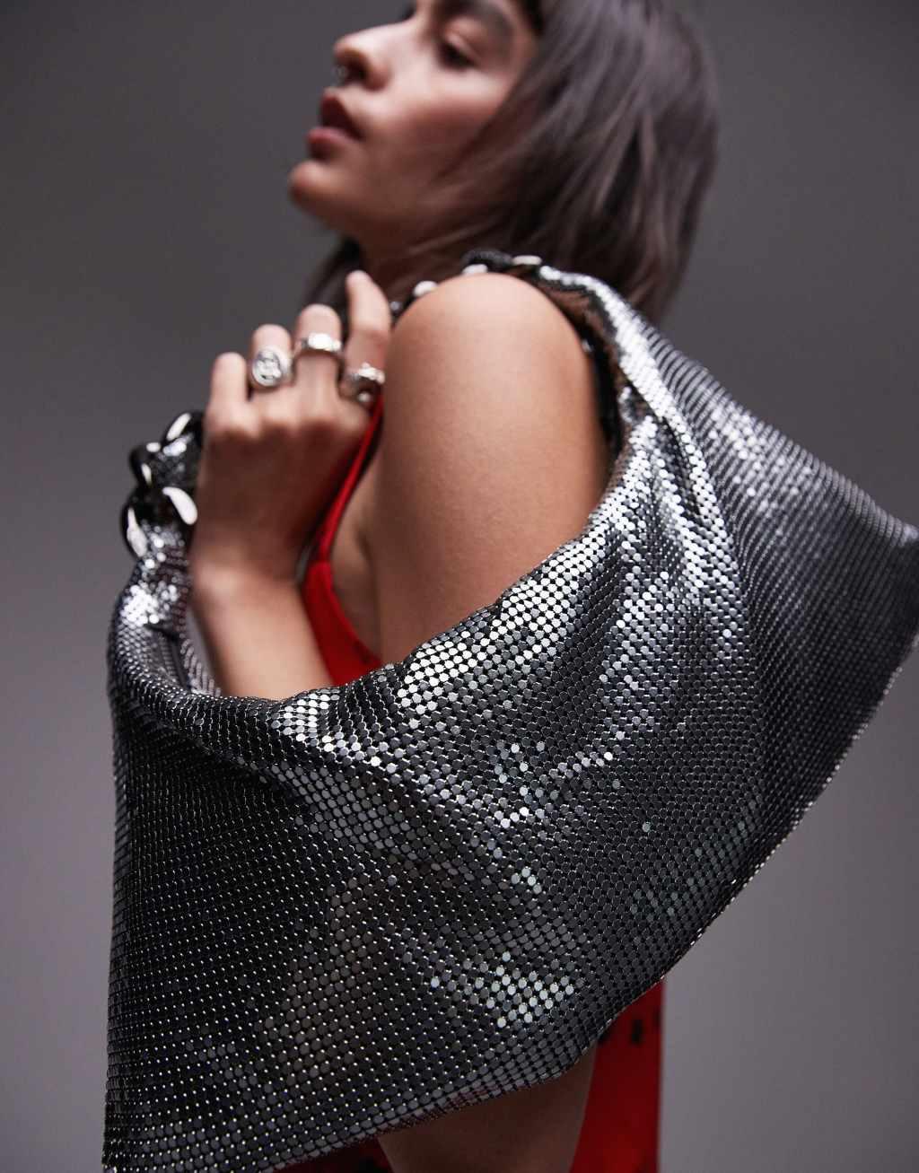 Topshop Sia chainmail shoulder bag with braided chain handle in gunmetal Product Image