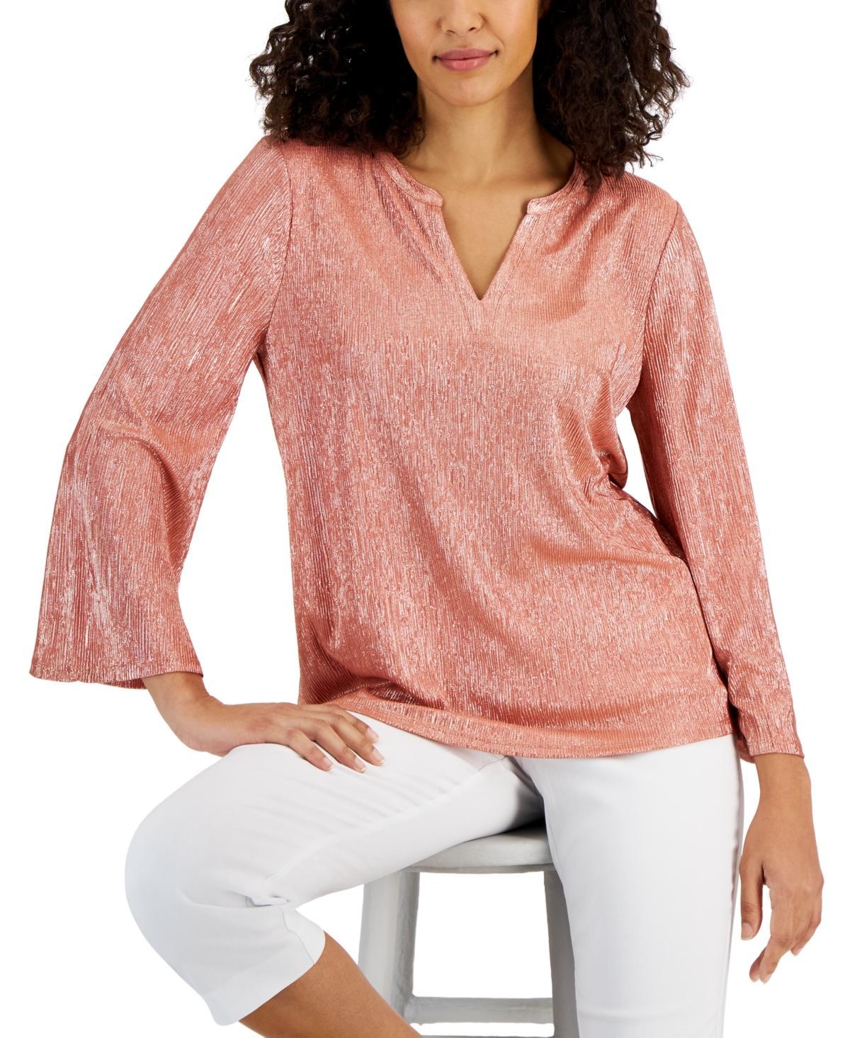 Jm Collection Womens Shine 3/4 Sleeve Plisse Split-Neck Top, Created for Macys Product Image