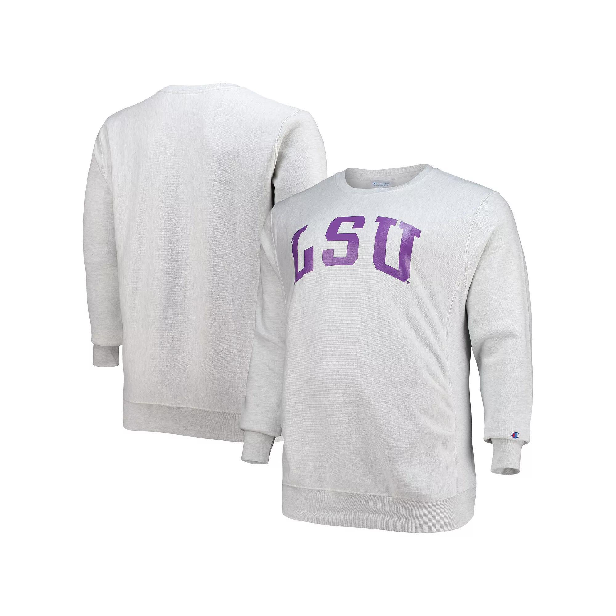 Men's Champion Heathered Gray LSU Tigers Big & Tall Reverse Weave Fleece Crewneck Pullover Sweatshirt,  Product Image
