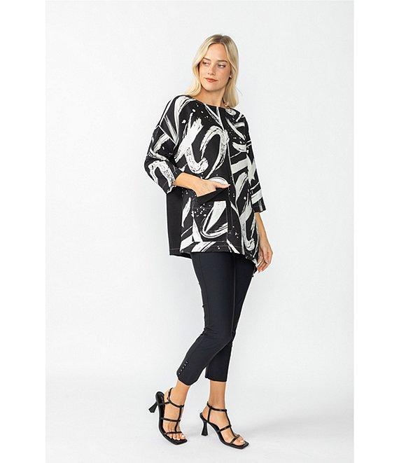 IC Collection Woven Abstract Print Boat Neck 3/4 Sleeve Asymmetrical Tunic Product Image