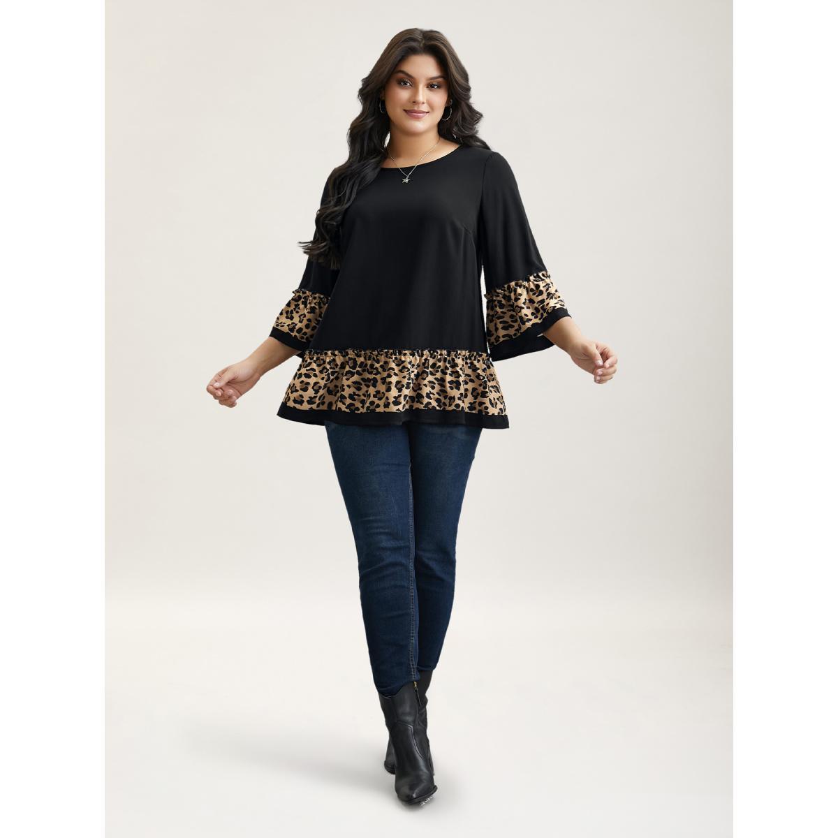 Plus Size Black Leopard Print Patchwork Tiered Blouse Women Casual Elbow-length sleeve Round Neck Everyday Blouses BloomChic 22-24/3X Product Image
