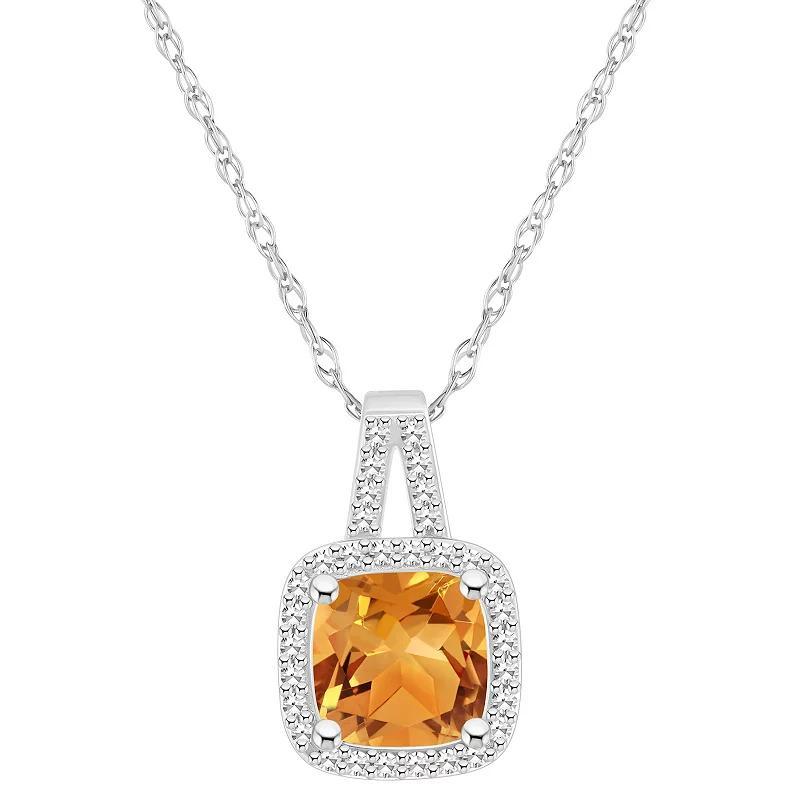 Celebration Gems Sterling Silver 7 mm Cushion Gemstone & 1/6 Carat T.W. Diamond Halo Pendant Necklace, Womens Citrine Product Image