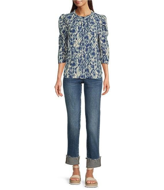 Bobeau Textured Woven Printed Crew Neck 3/4 Puff Sleeve Button Front Top Product Image