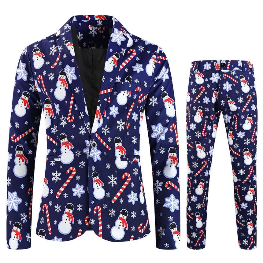 Notch Lapel Christmas Print Single Breasted Blazer / V-Neck Button Vest / Mid Rise Slim Fit Dress Pants / Set Product Image