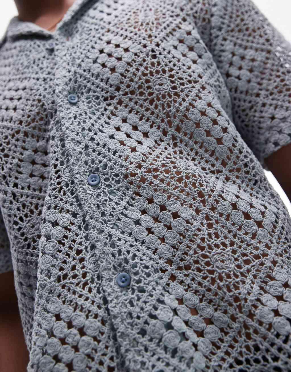 Topman short sleeve grid crochet shirt in blue  Product Image