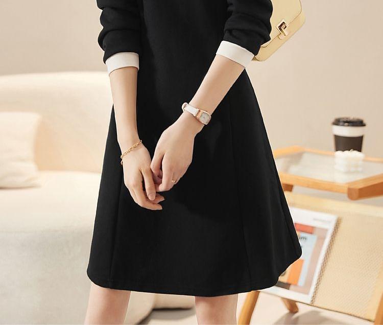 Long-Sleeve Collar Henley Two Tone A-Line Dress Product Image