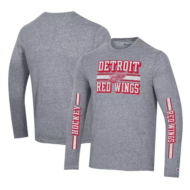 Men's Champion Heather Gray Detroit Red Wings Tri-Blend Dual-Stripe Long Sleeve T-Shirt,  Product Image