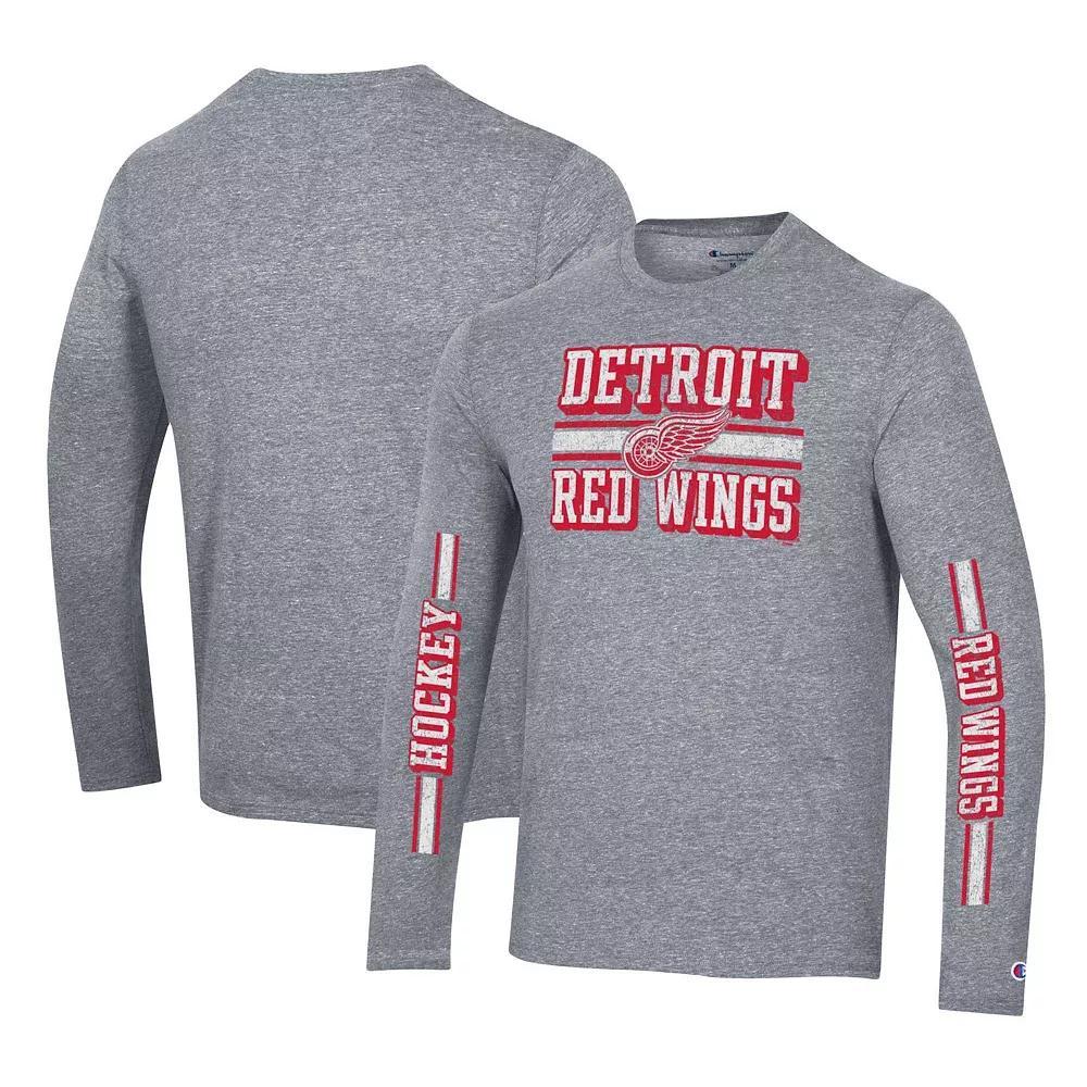 Men's Champion Heather Gray Detroit Red Wings Tri-Blend Dual-Stripe Long Sleeve T-Shirt,  Product Image