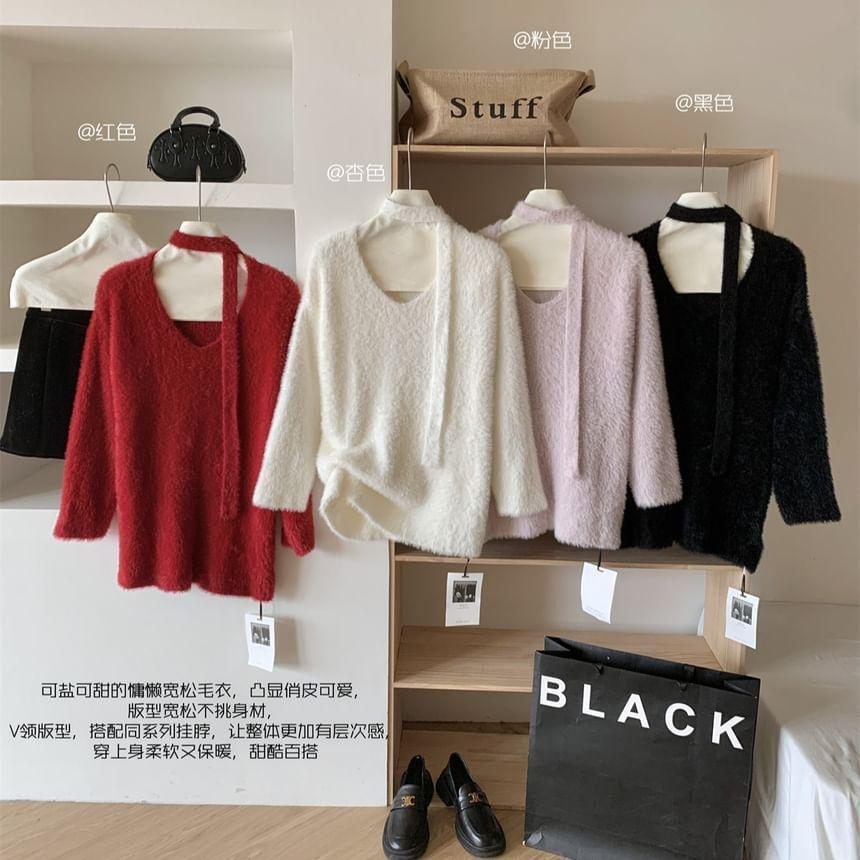 Set: Long-Sleeve V-Neck Plain Knit Top + Scarf Product Image