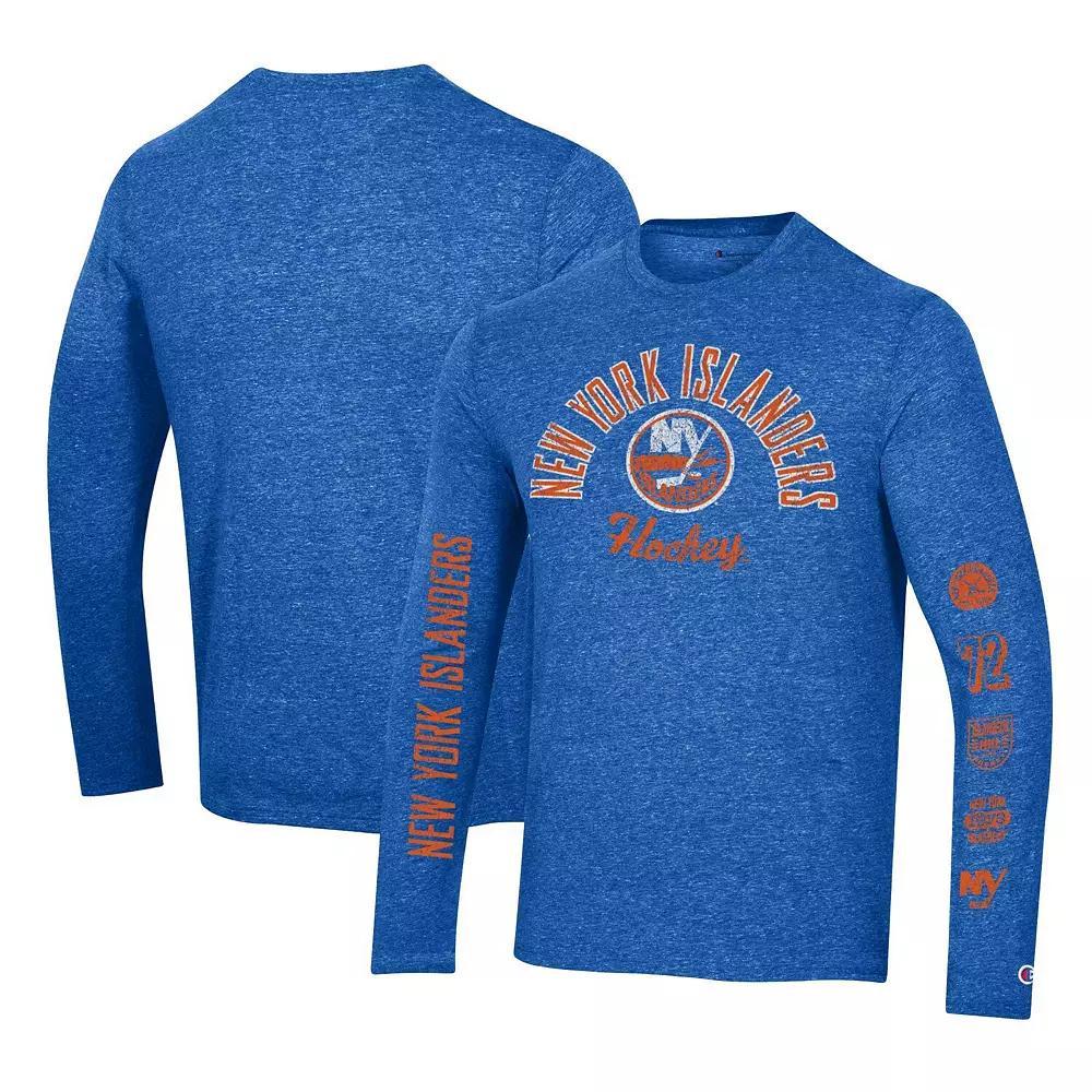 Men's Champion Heather Royal New York Islanders Multi-Logo Tri-Blend Long Sleeve T-Shirt, Size: Small, Isl Blue Product Image