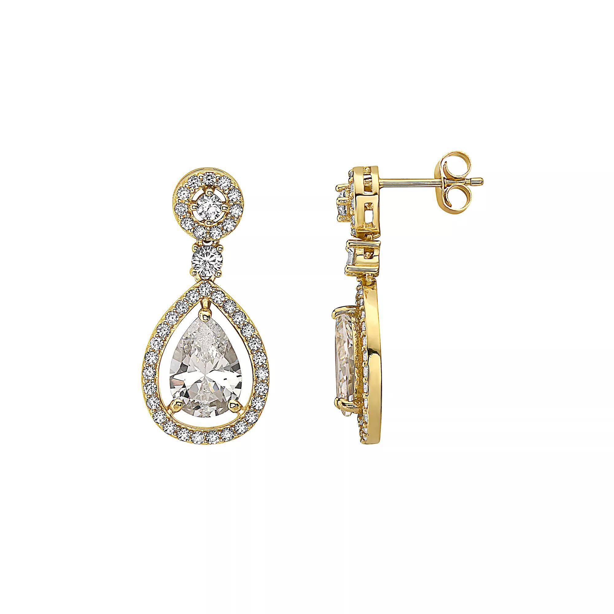 14k Gold Over Sterling Silver Cubic Zirconia Pear Drop Earrings, Womens, Gold Tone Product Image