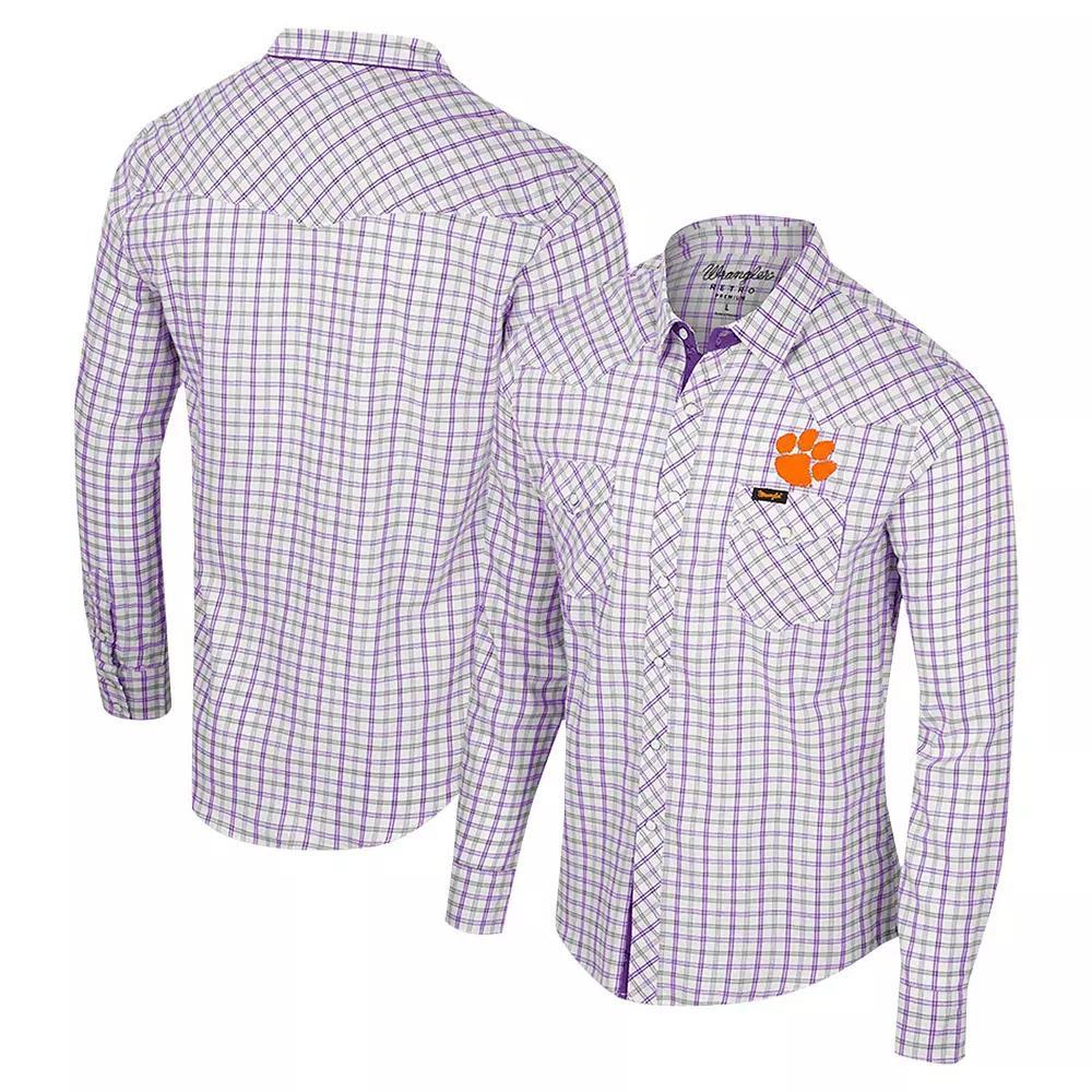 Men's Colosseum x Wrangler White Clemson Tigers Plaid Window Pane Long Sleeve Full-Snap Shirt, Size: Large Product Image