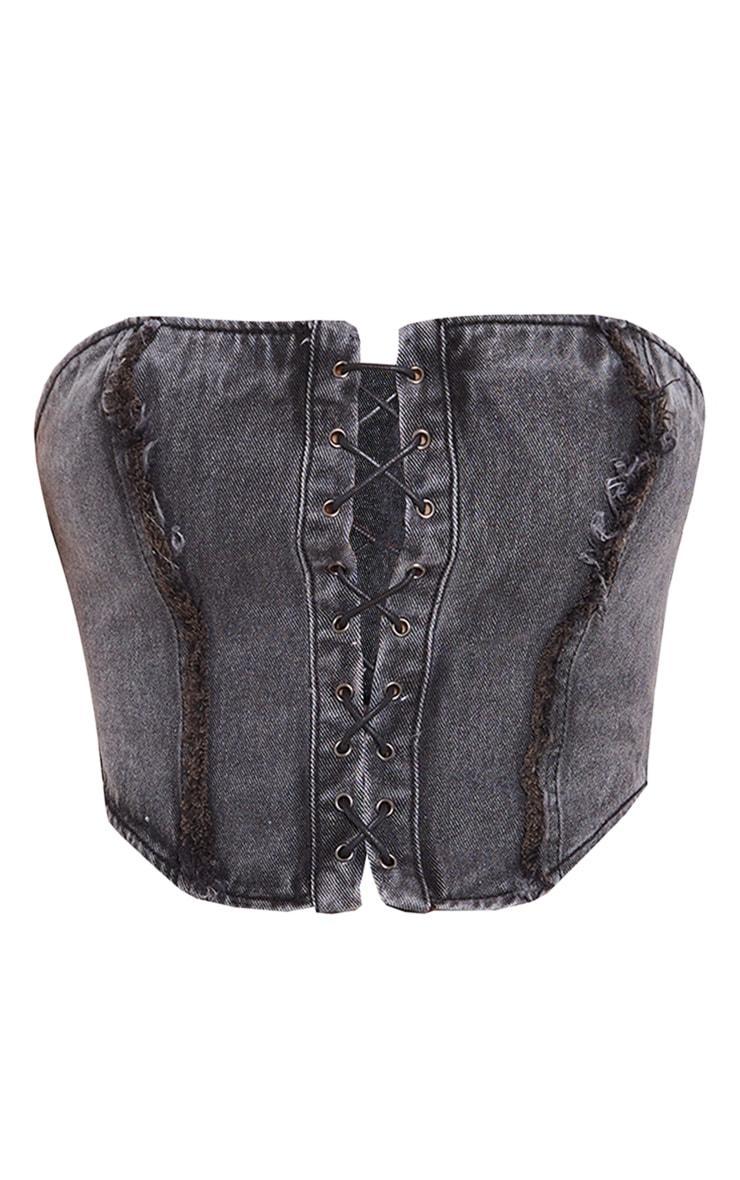 Washed Black Distressed Edge Lace Front Denim Corset Top Product Image