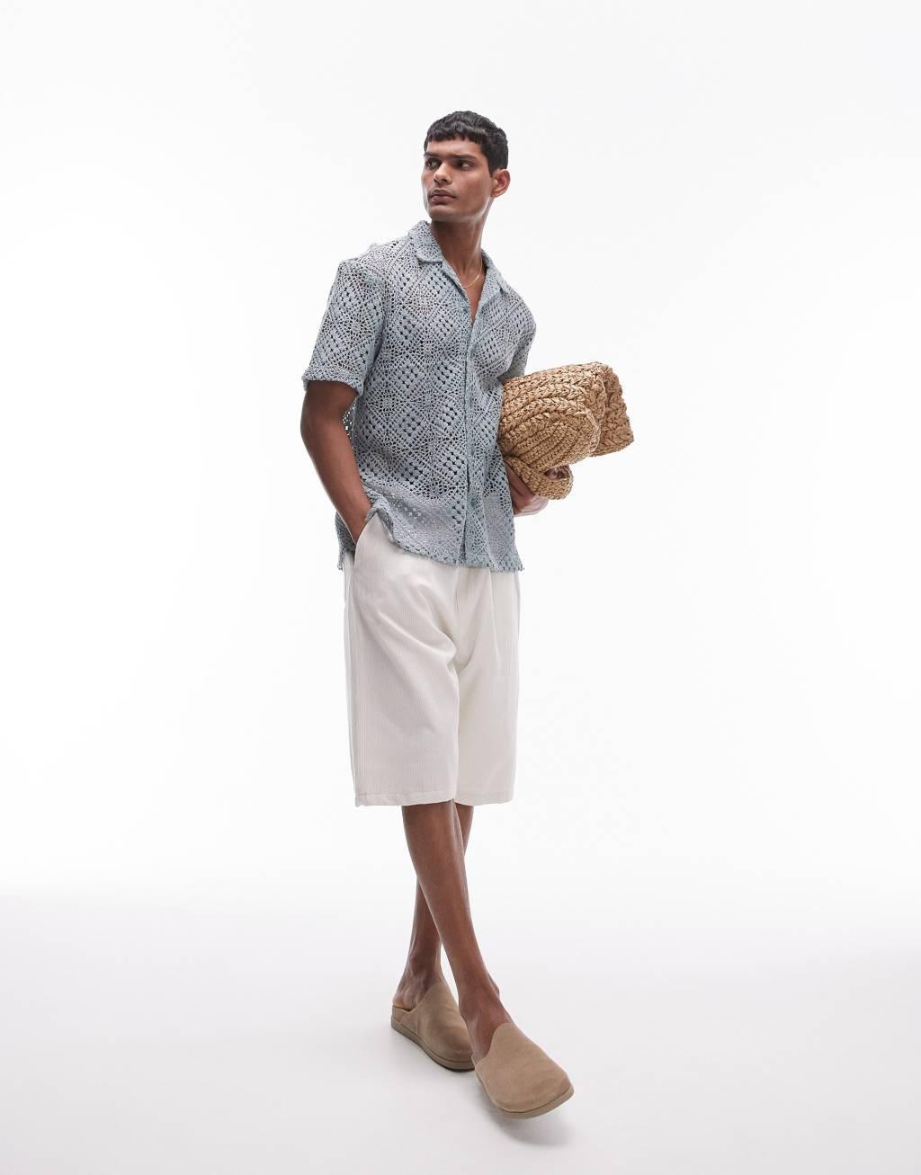 Topman short sleeve grid crochet shirt in blue  Product Image