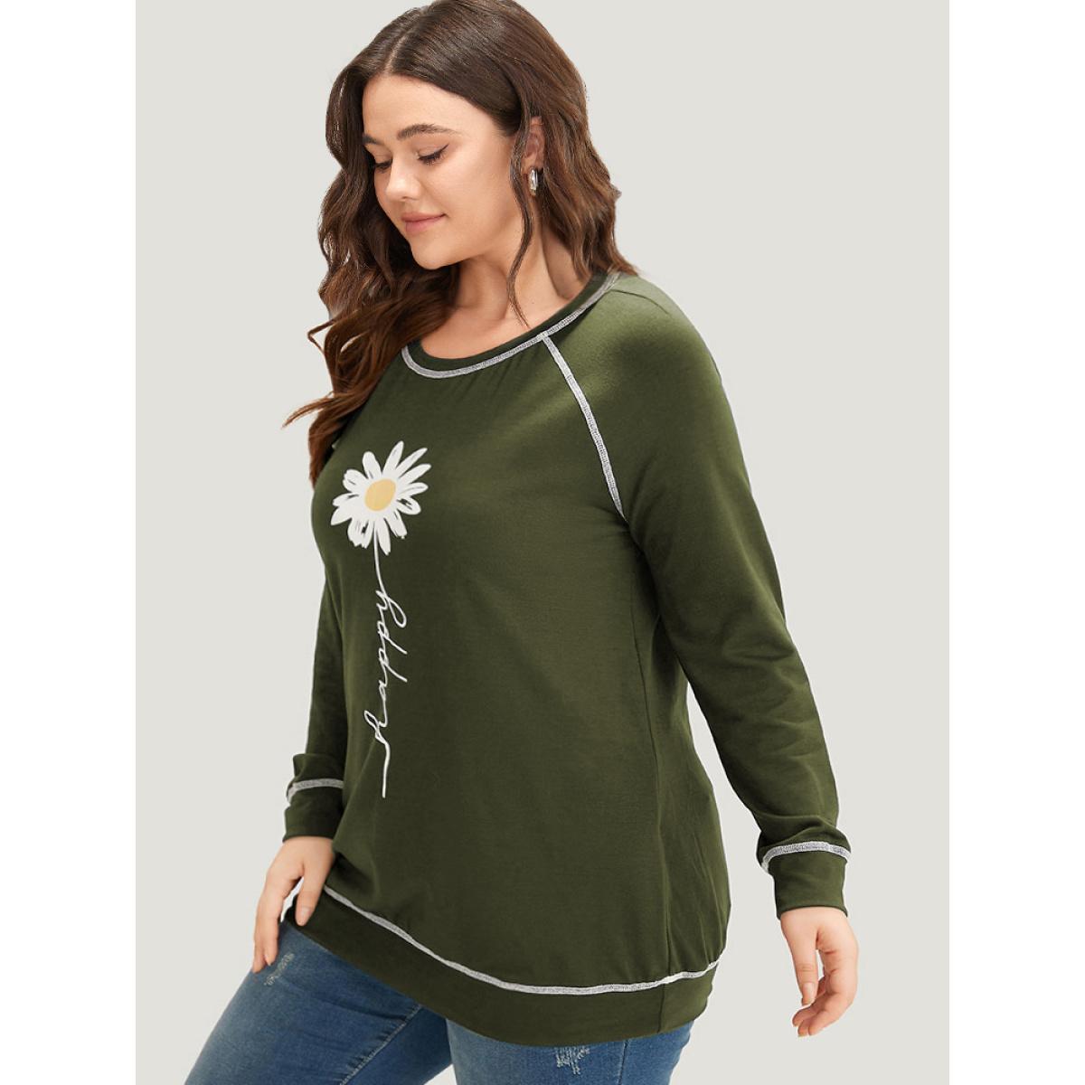Plus Size Floral Print Stitch Crew Neck Raglan Sleeve Sweatshirt Women ArmyGreen Casual Elastic cuffs Dailywear Sweatshirts BloomChic 22-24/3X Product Image