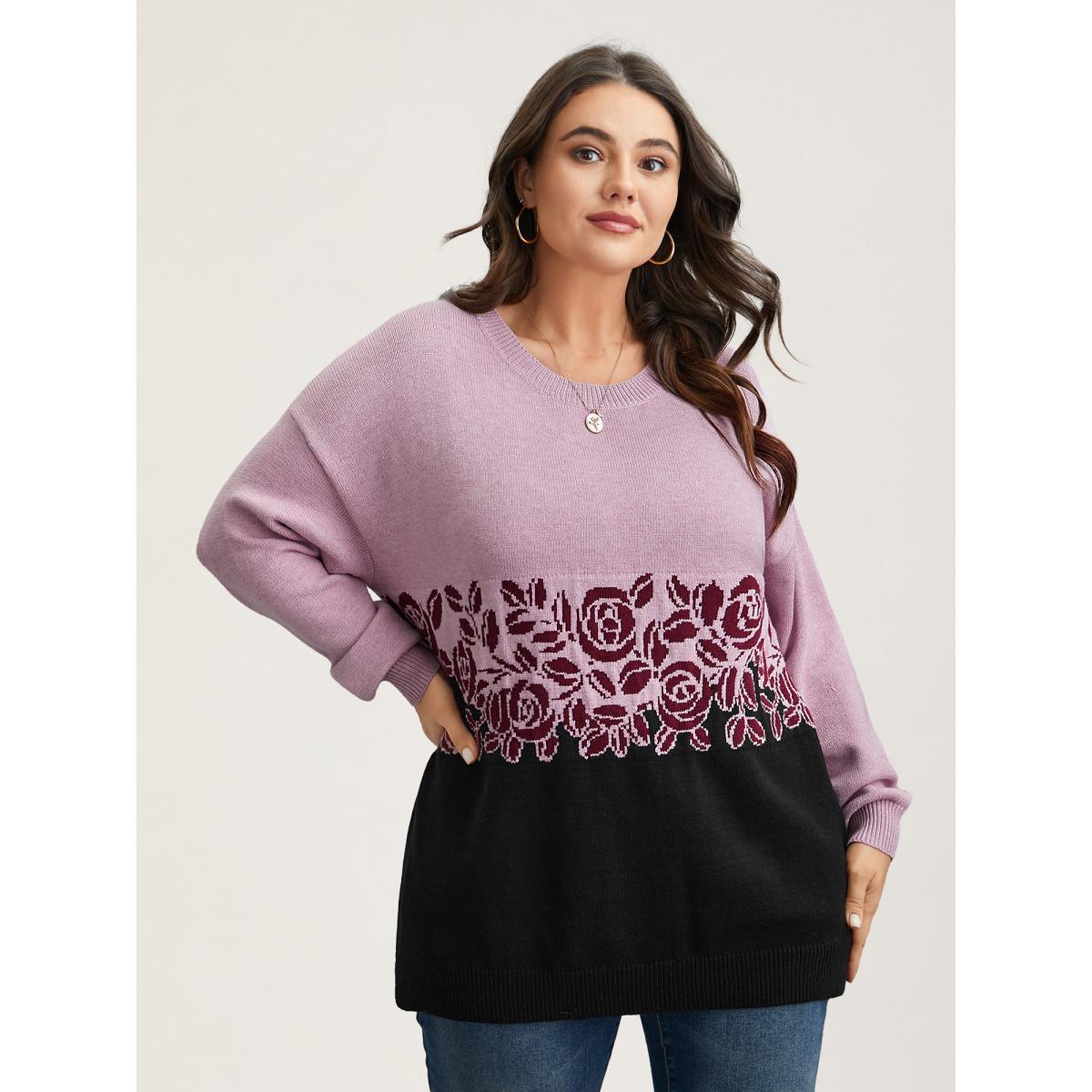 Plus Size Jacquard Floral Pattern Contrast Drop-Shoulder Pullover Black Women Casual Loose Long Sleeve Round Neck Everyday Pullovers BloomChic 18-20/2X Product Image